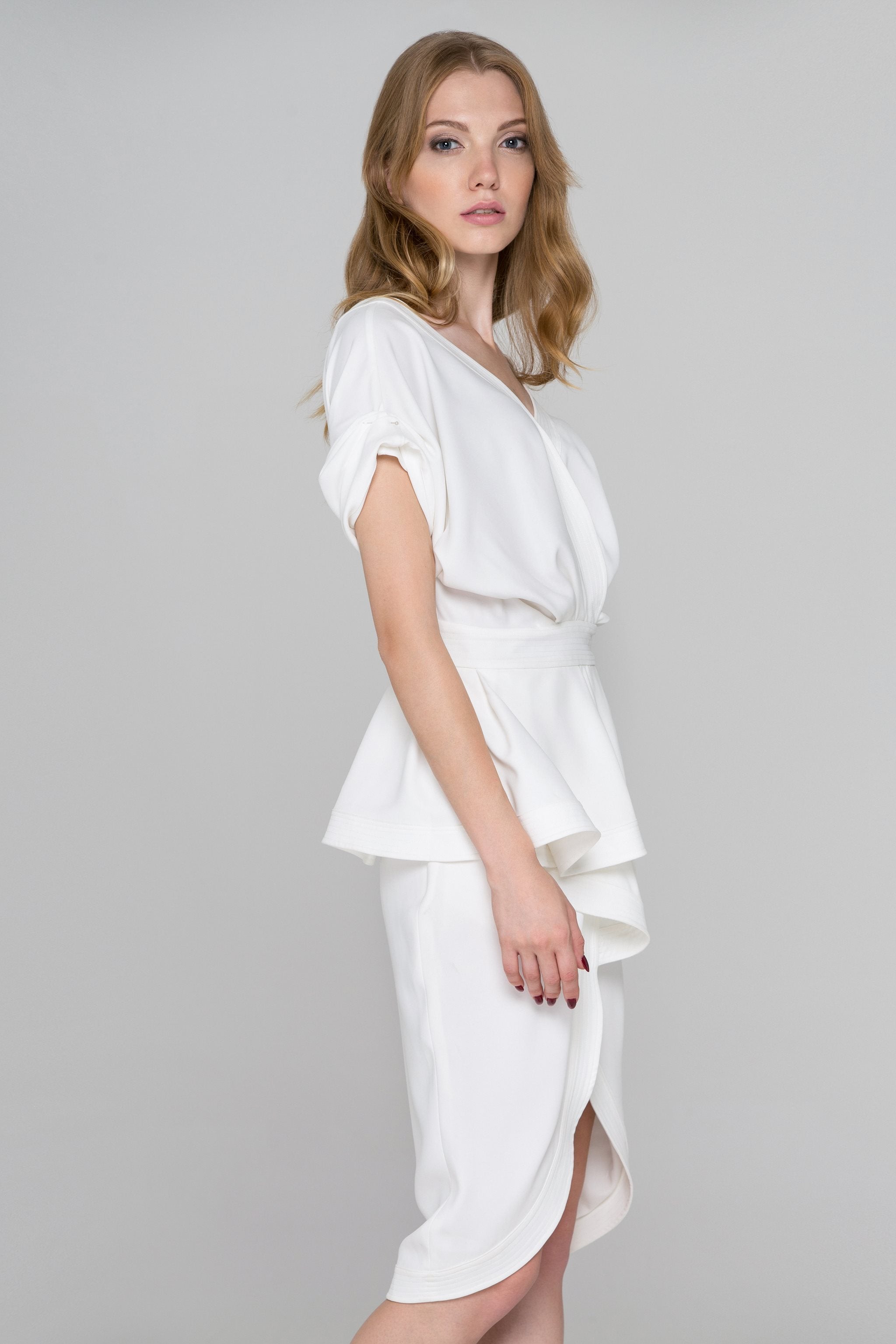 White Overlap Drape Midi Dress