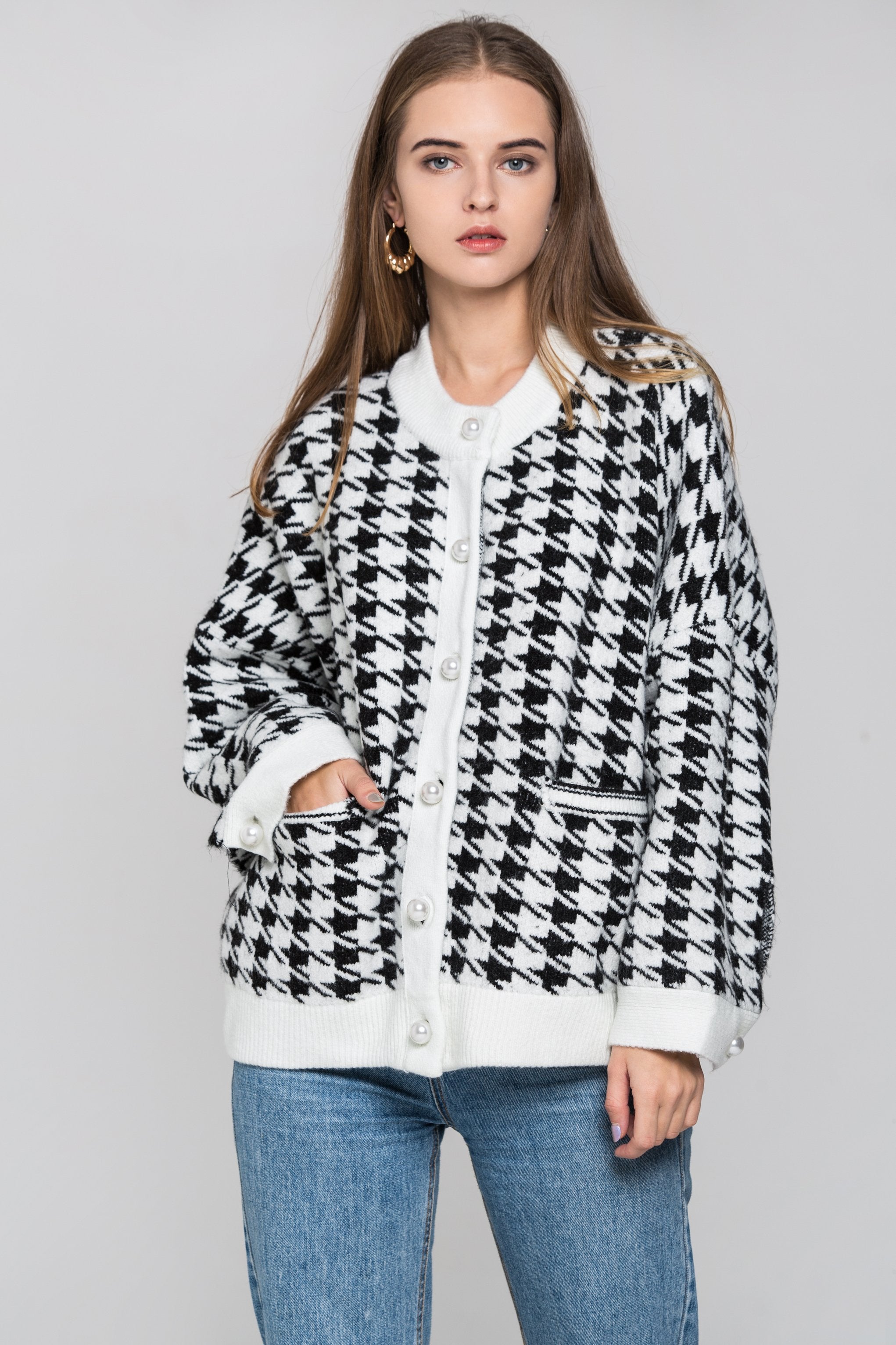 White Pearl Button Houndstooth Over Sized Cardigan