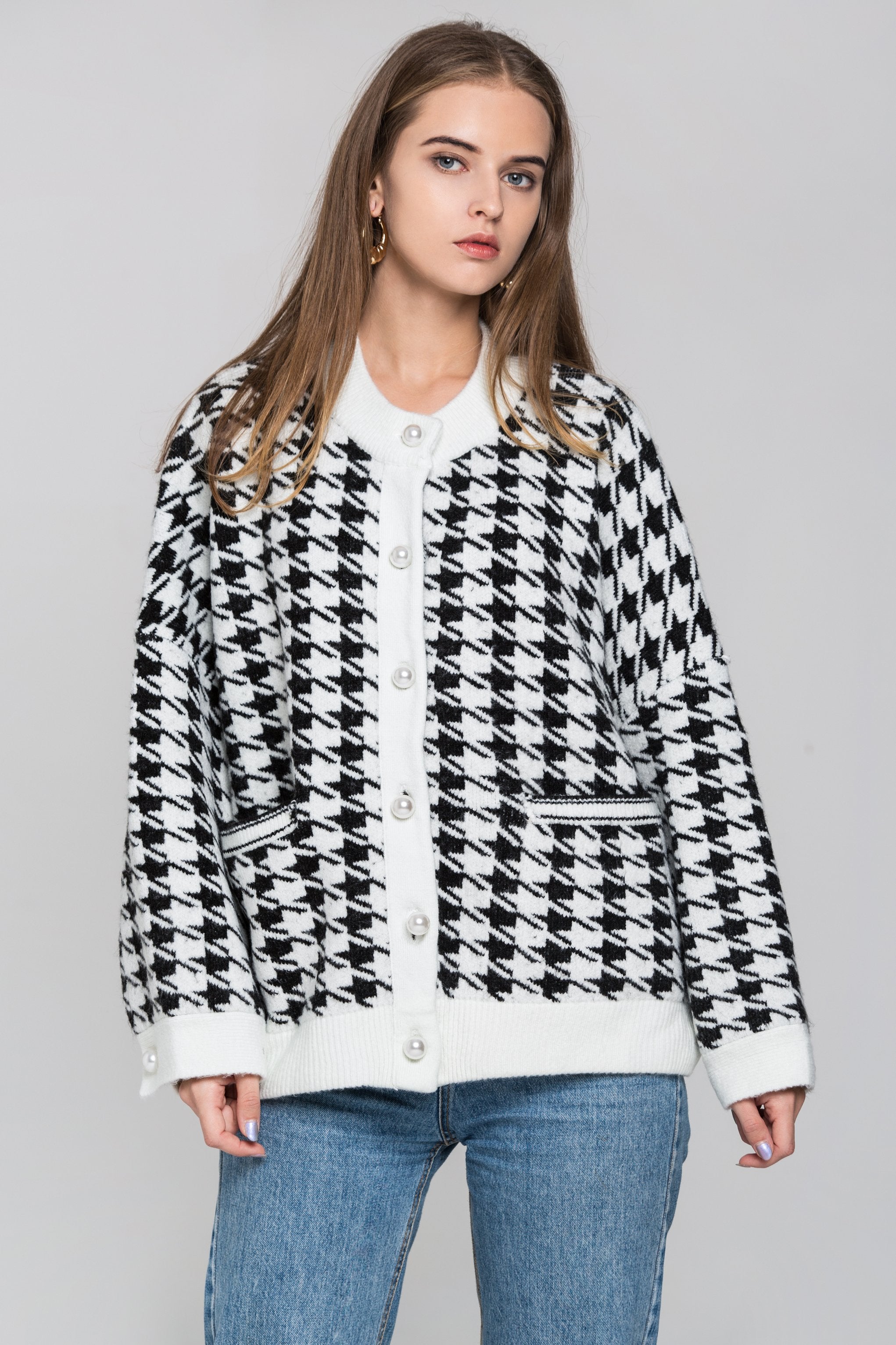 White Pearl Button Houndstooth Over Sized Cardigan