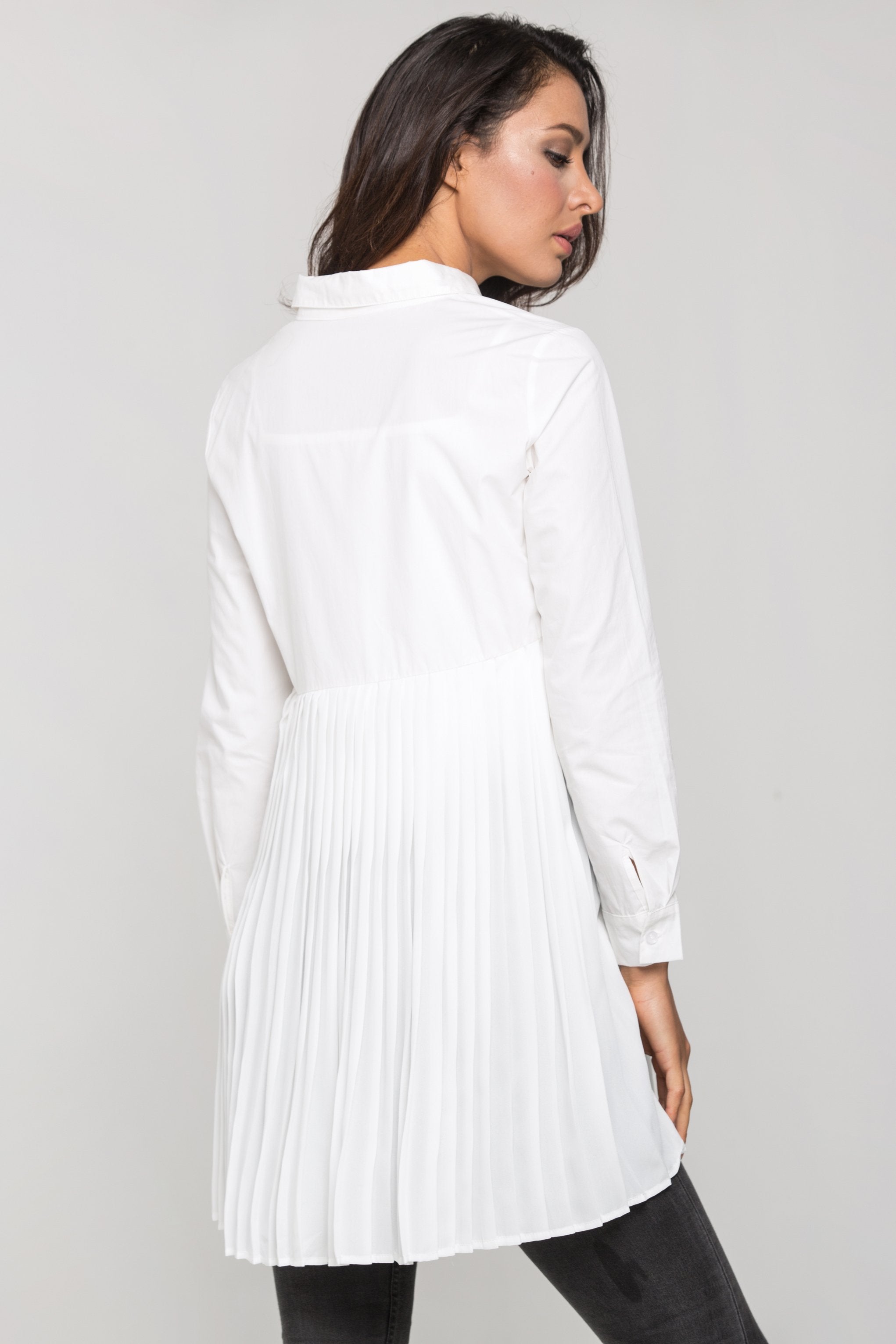 White Pleated Panel Shirt Dress
