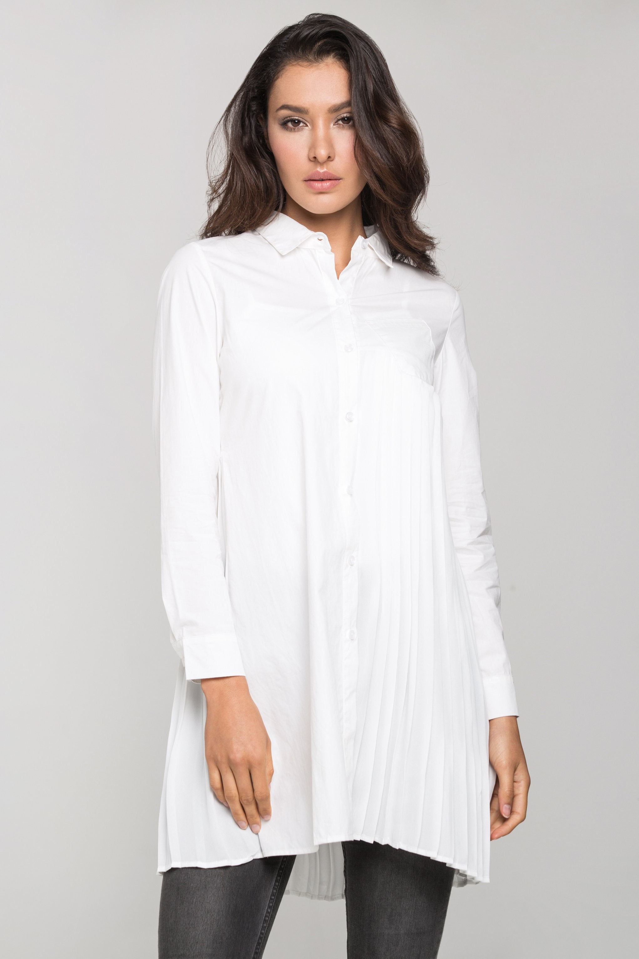 White Pleated Panel Shirt Dress