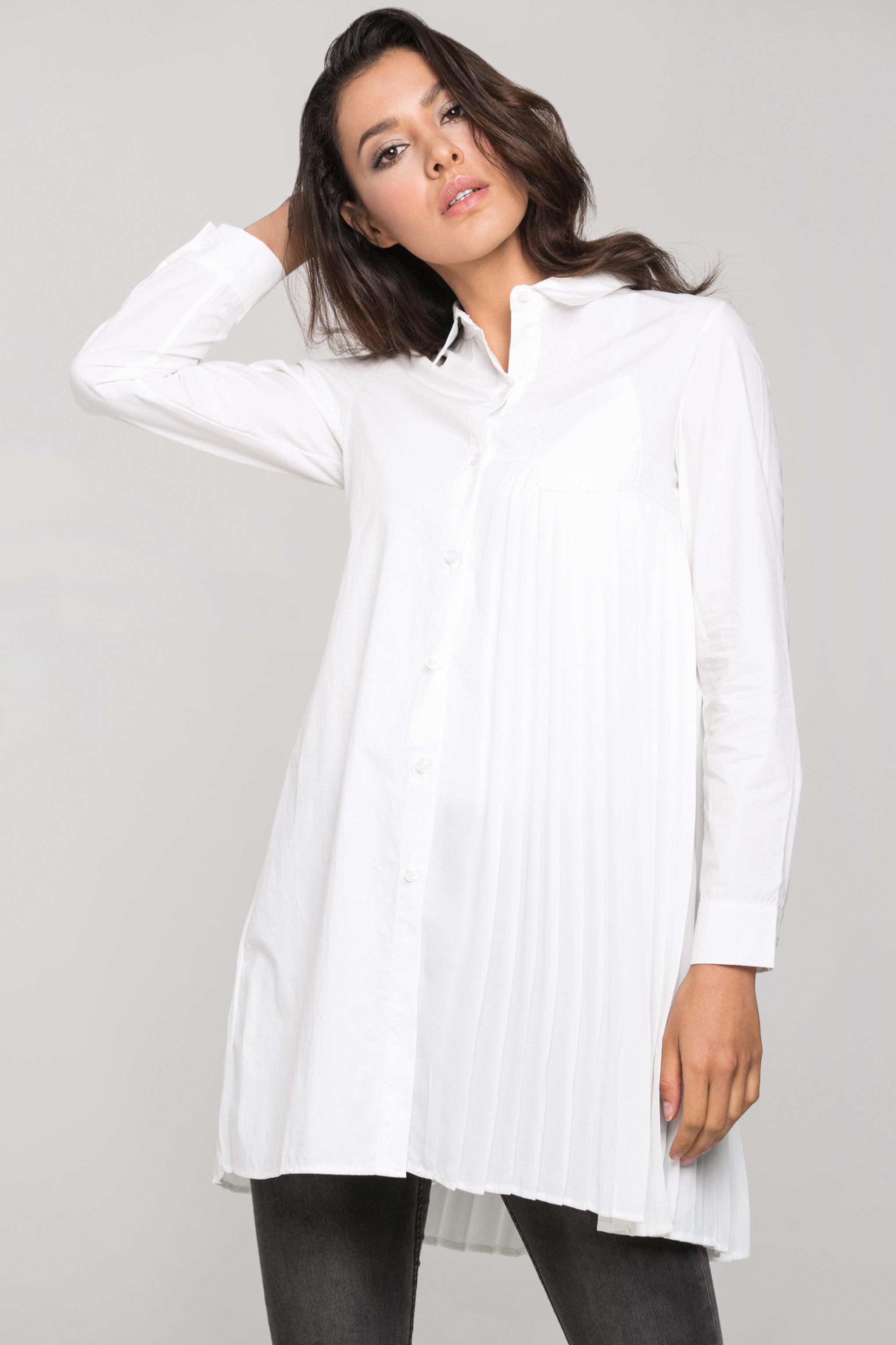 White Pleated Panel Shirt Dress