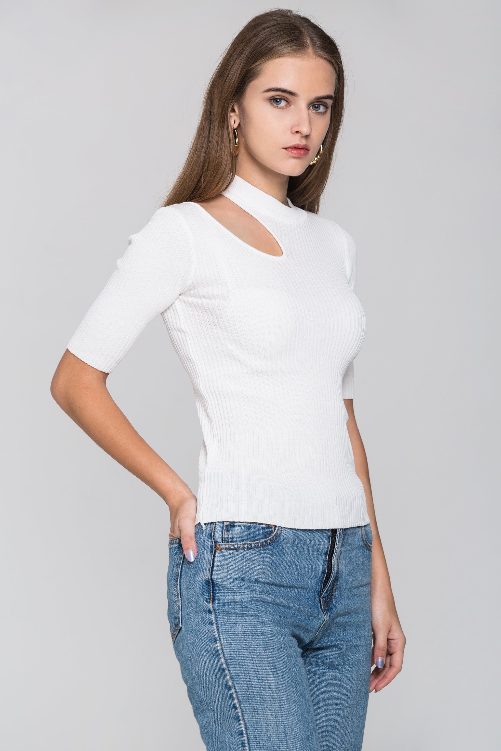 White Ribbed One Shoulder Cut-out Top
