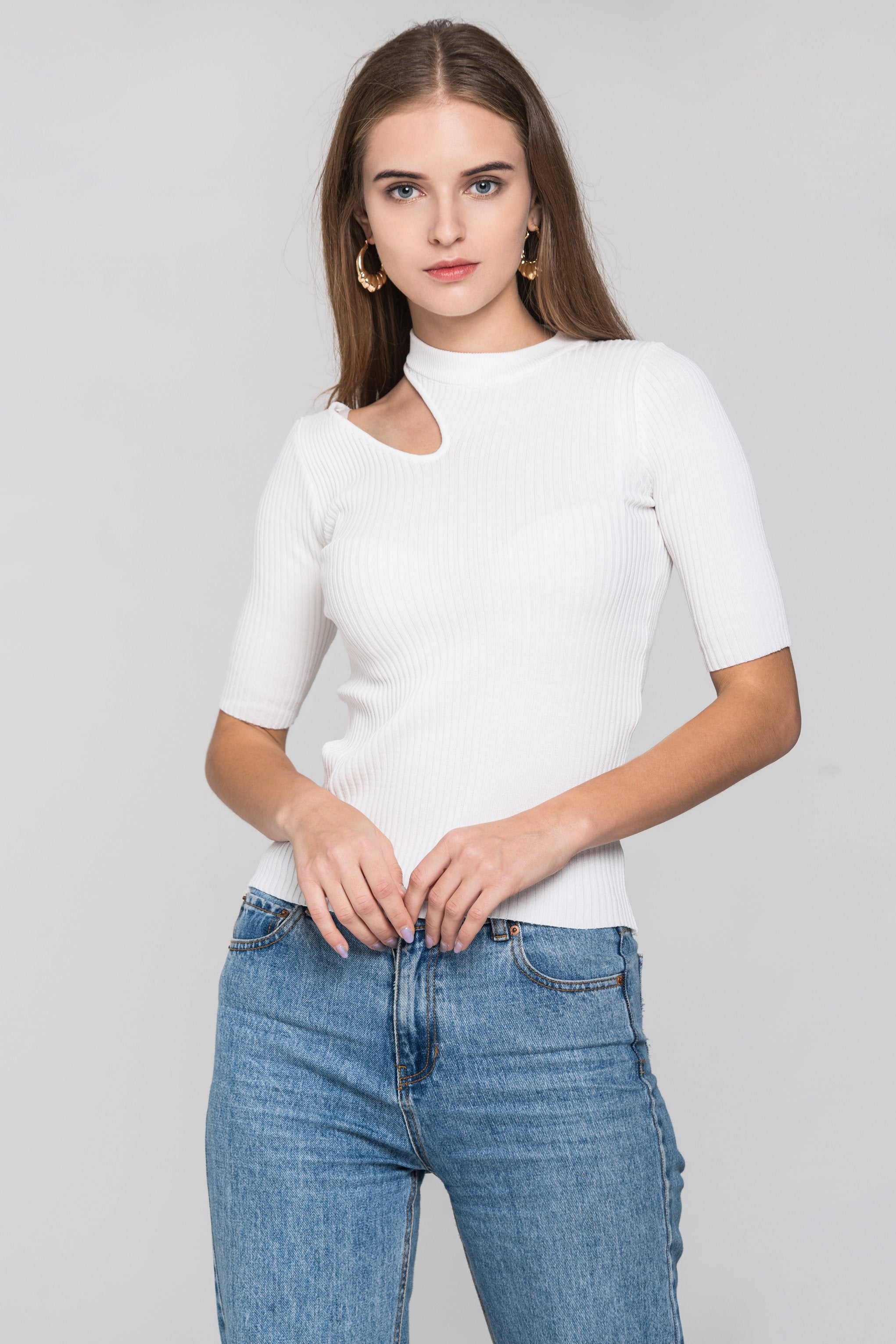 White Ribbed One Shoulder Cut-out Top