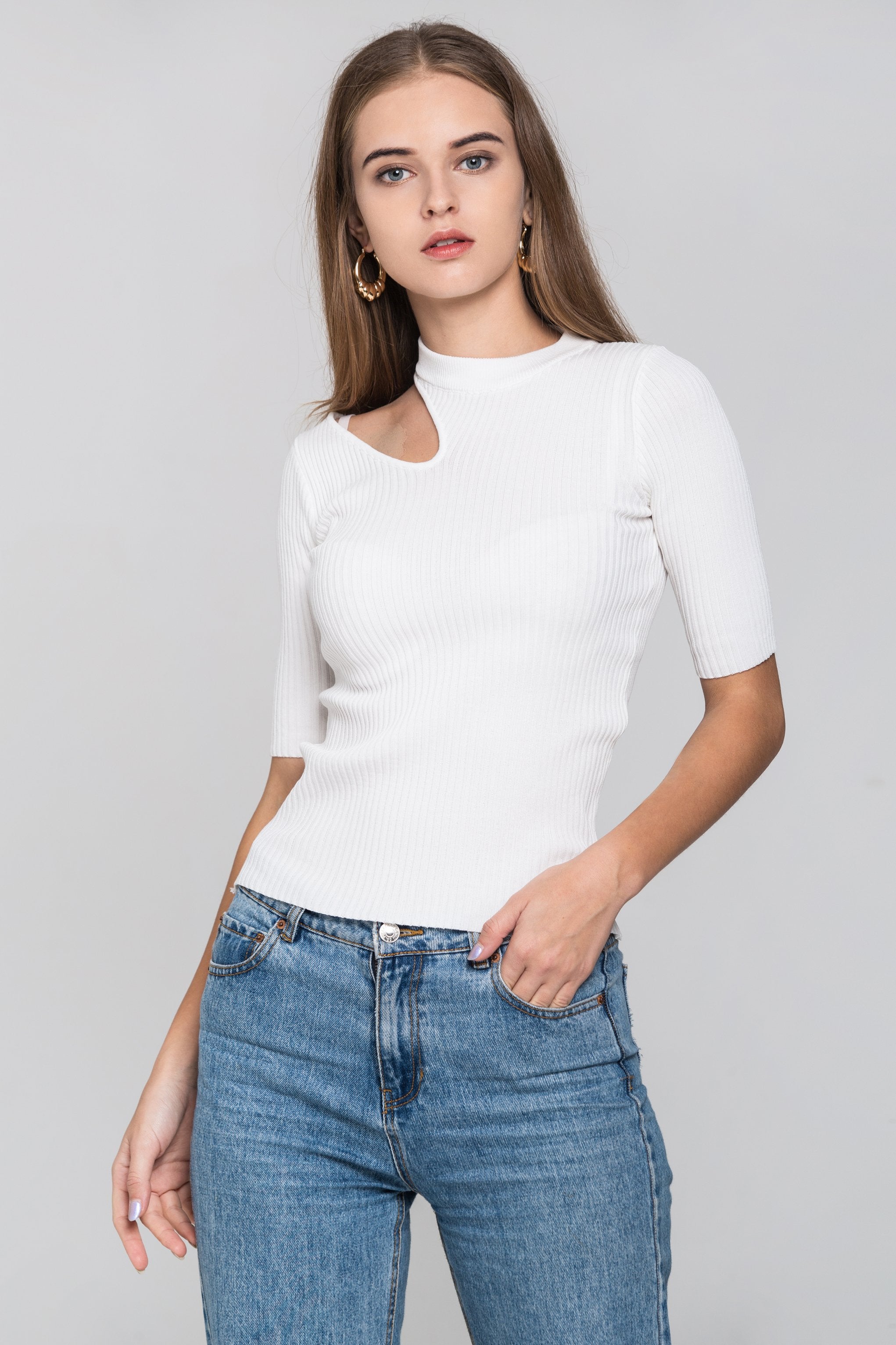 White Ribbed One Shoulder Cut-out Top