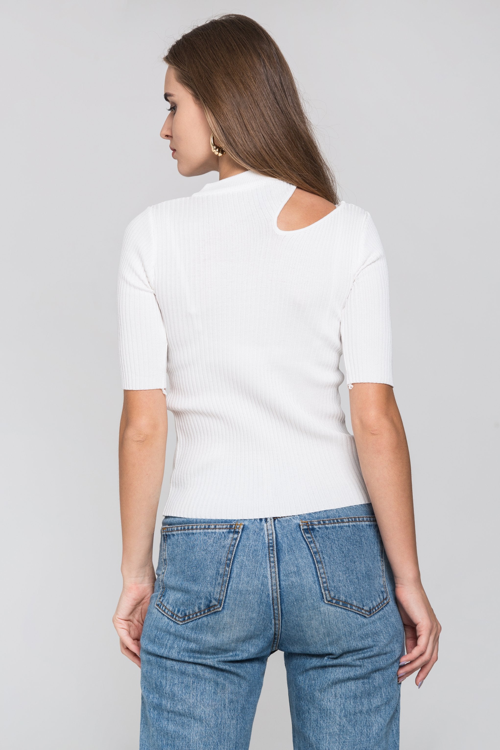 White Ribbed One Shoulder Cut-out Top