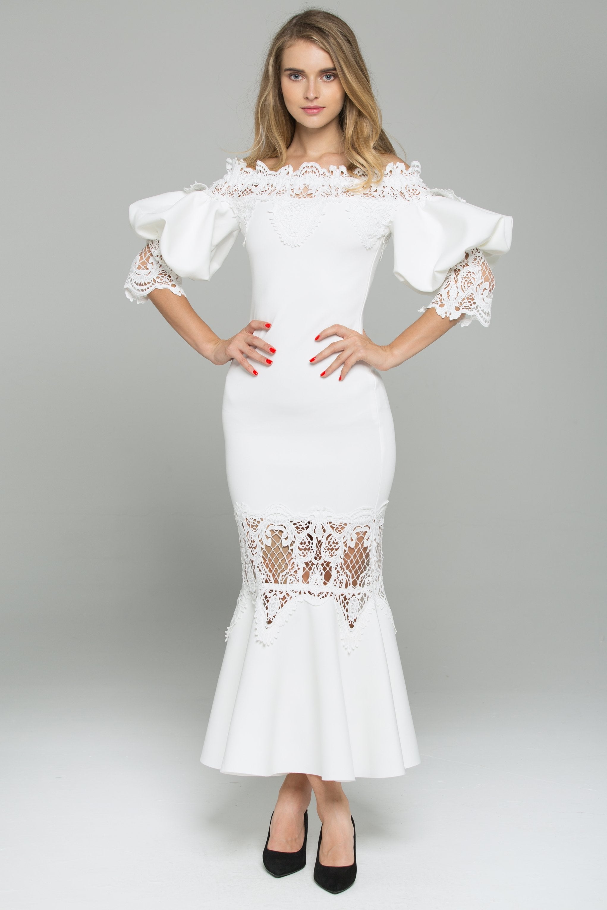 White Satin Off-The-Shoulder Puff Sleeved Lace Detail Midi Dress