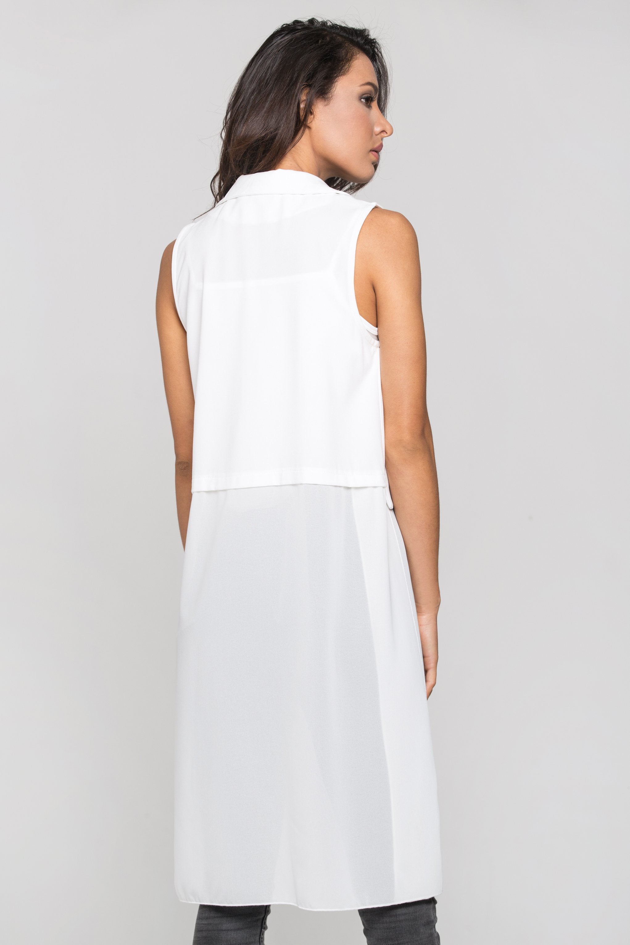 White Sheer Hem Long Vest