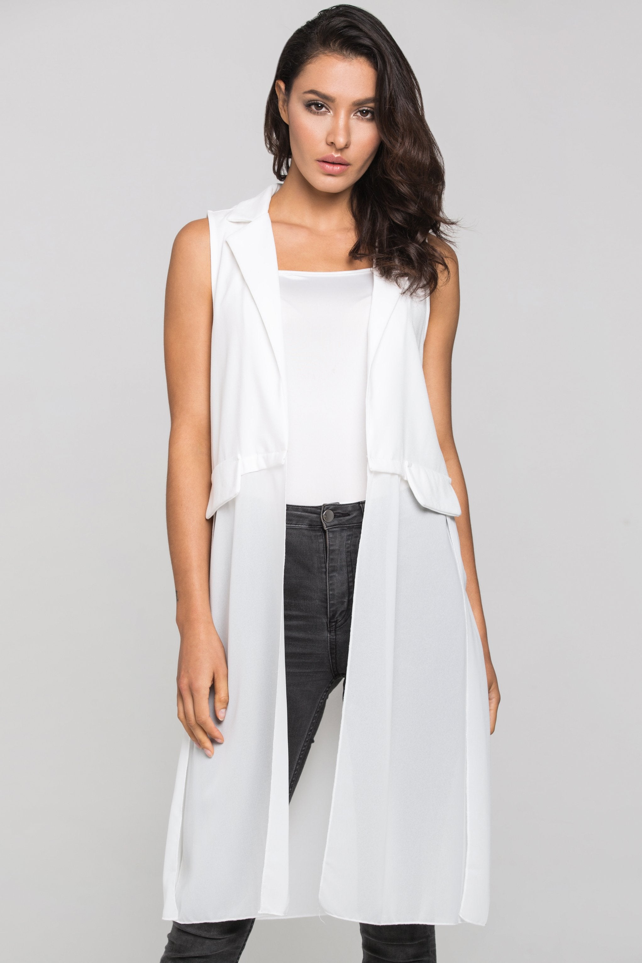 White Sheer Hem Long Vest