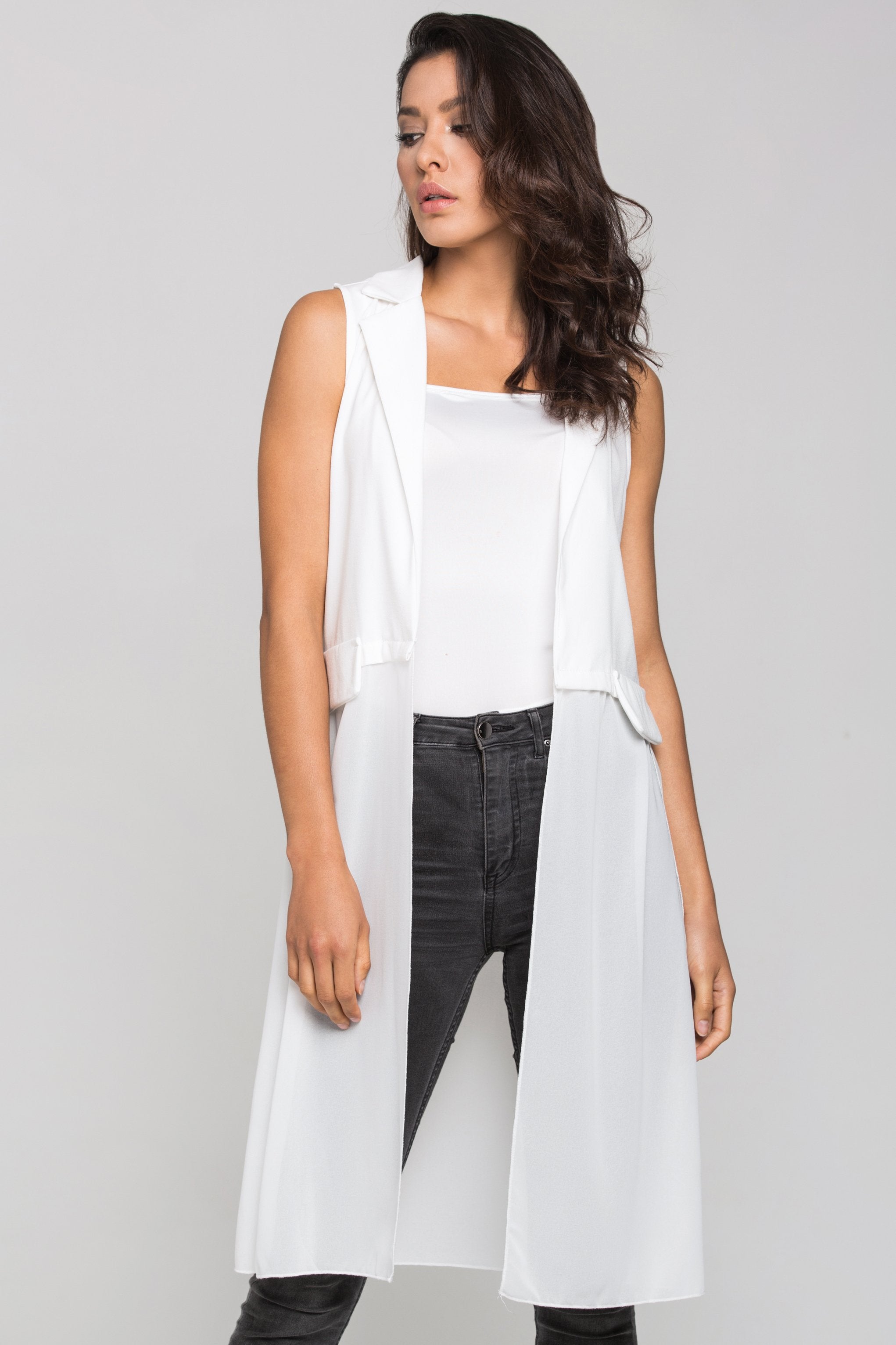 White Sheer Hem Long Vest