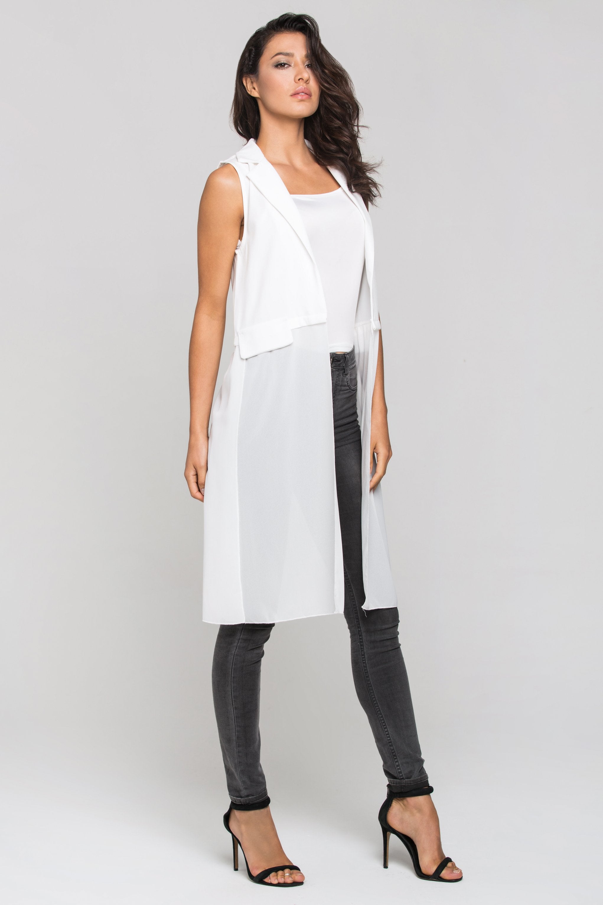 White Sheer Hem Long Vest