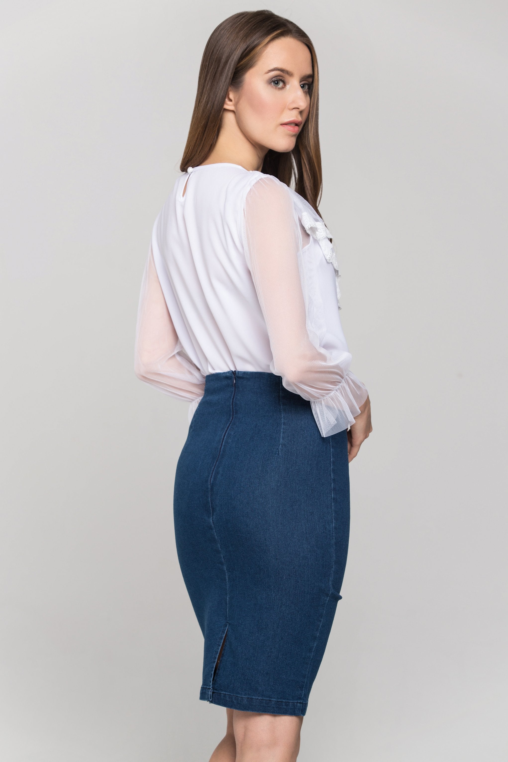 White Sheer Sleeves Gabot Top and Denim Skirt