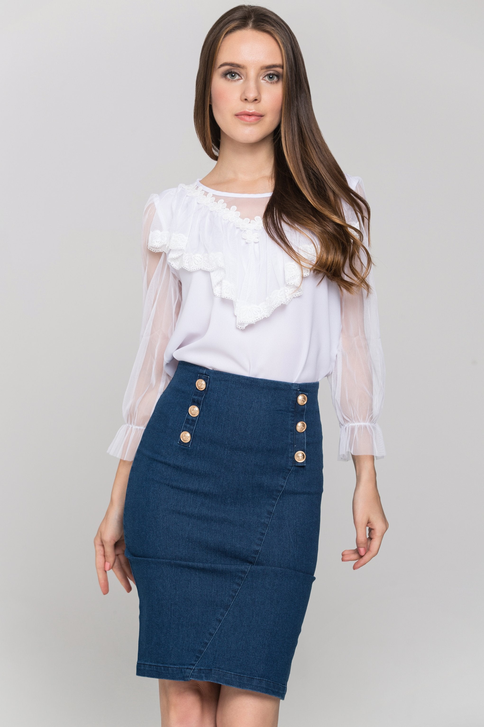 White Sheer Sleeves Gabot Top and Denim Skirt