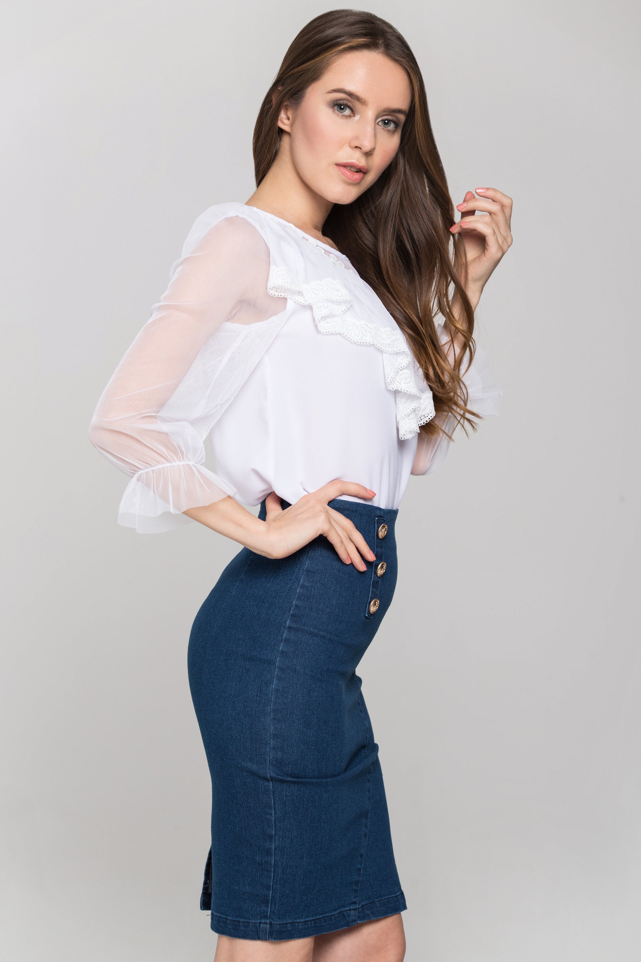 White Sheer Sleeves Gabot Top and Denim Skirt