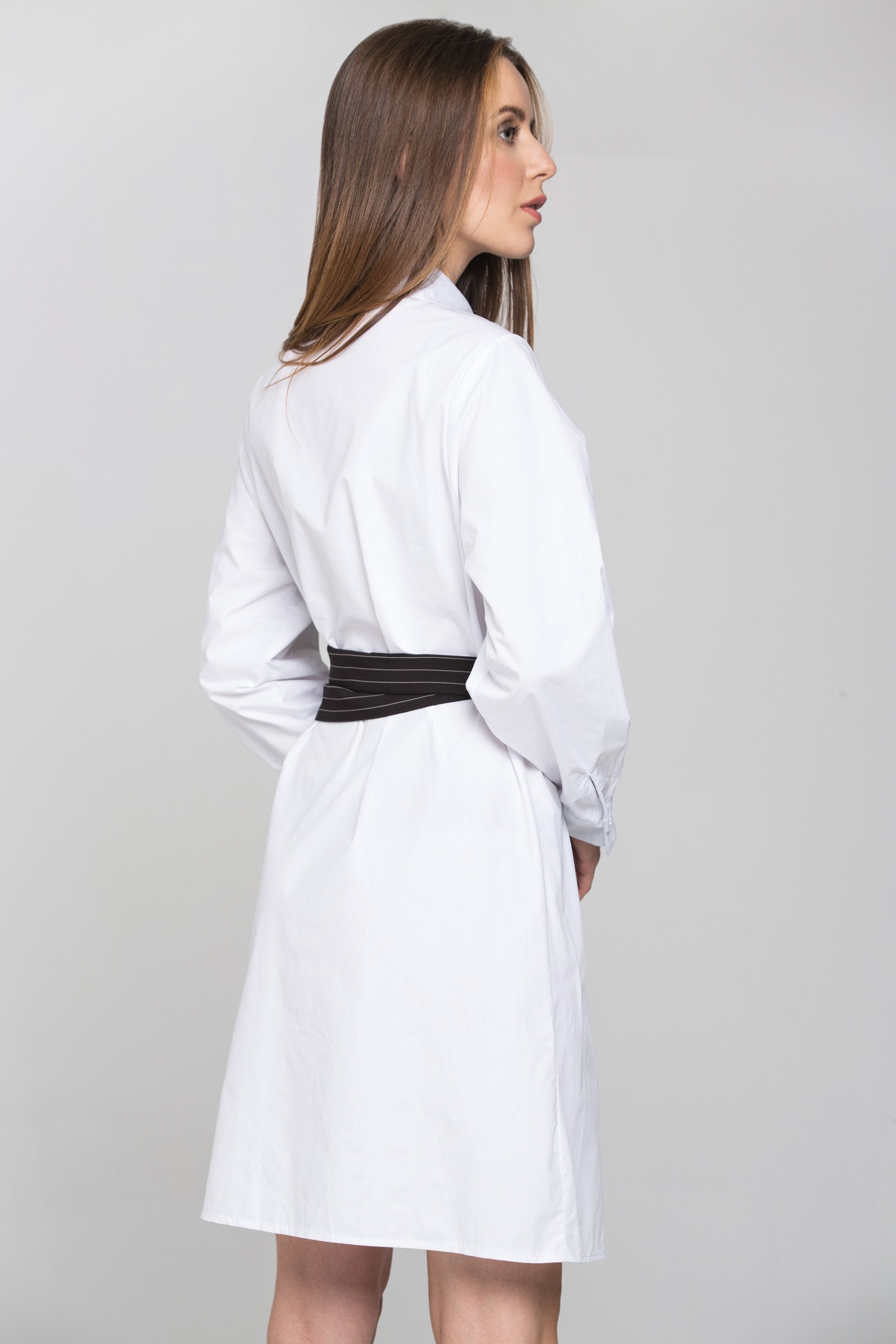 White Shirt Dress with Black Pin Stripe Panel