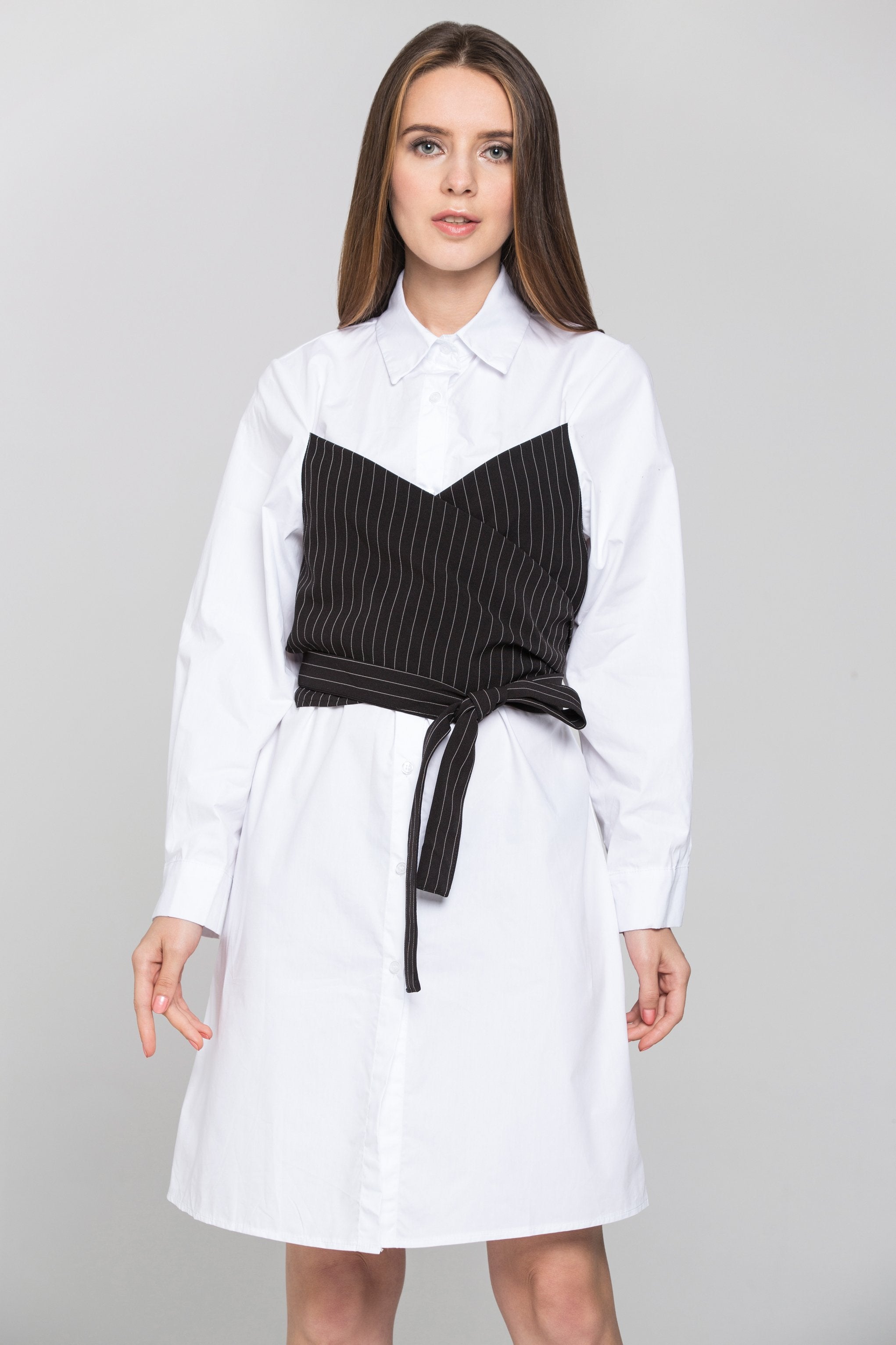 White Shirt Dress with Black Pin Stripe Panel