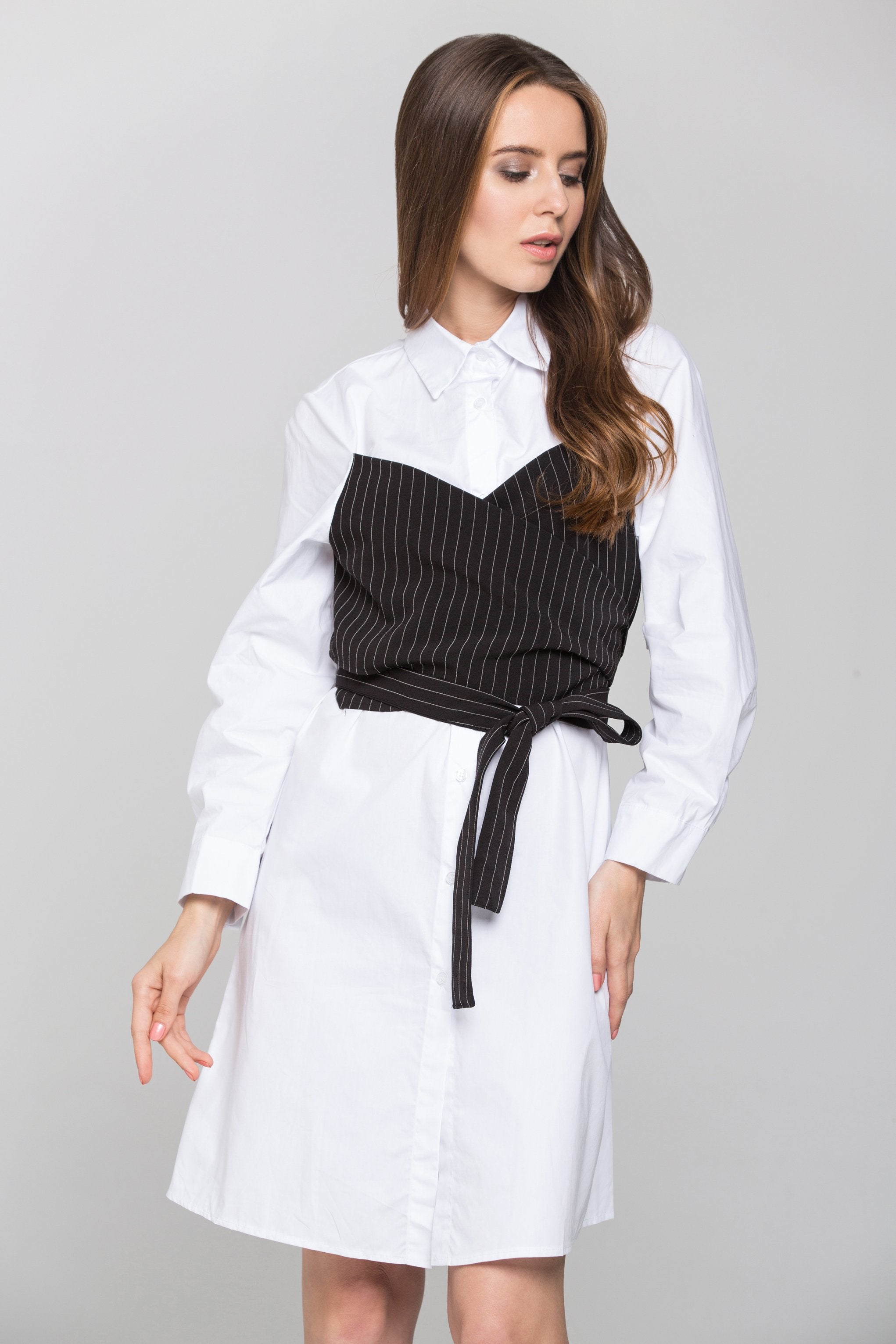 White Shirt Dress with Black Pin Stripe Panel