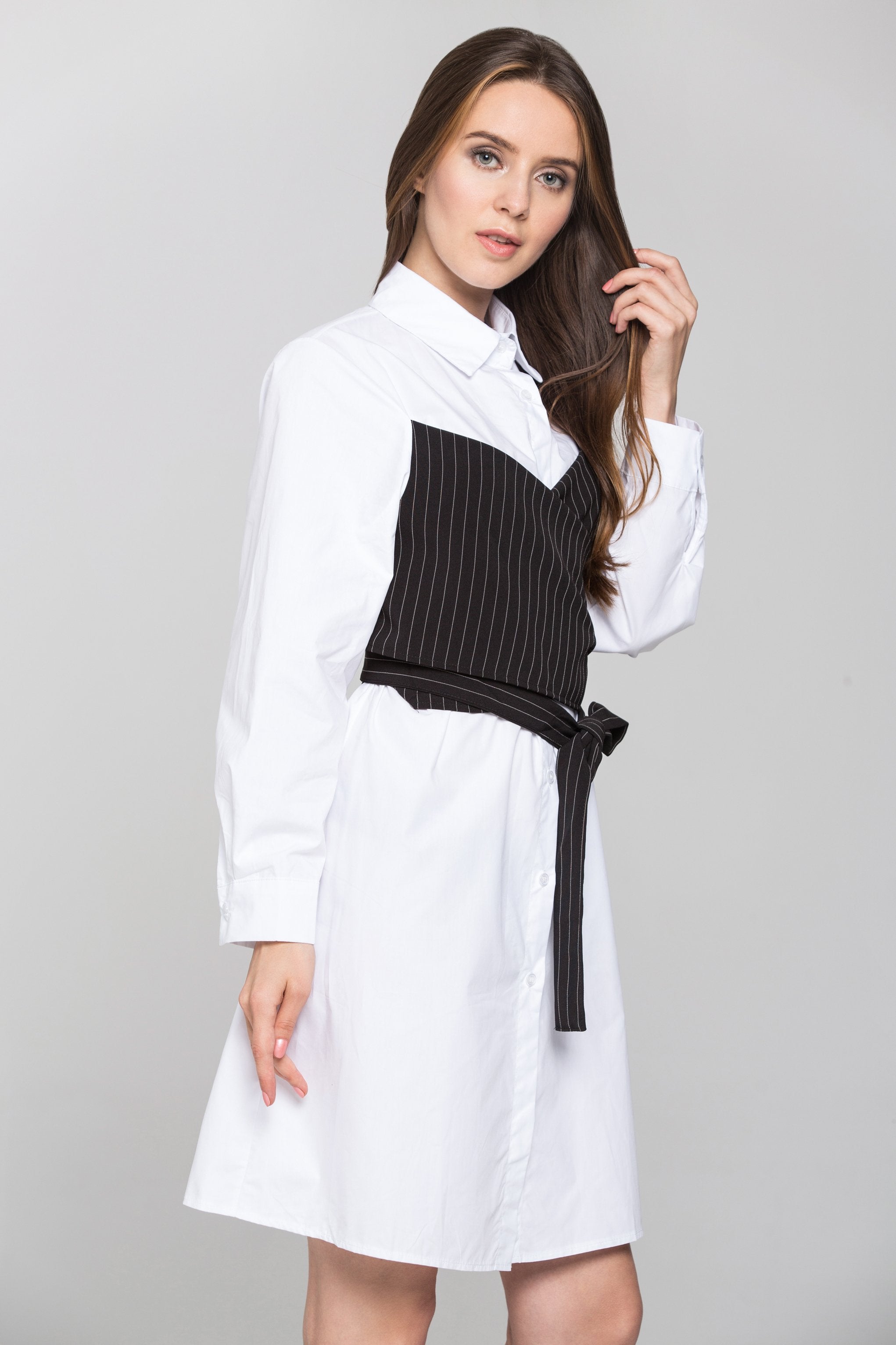 White Shirt Dress with Black Pin Stripe Panel