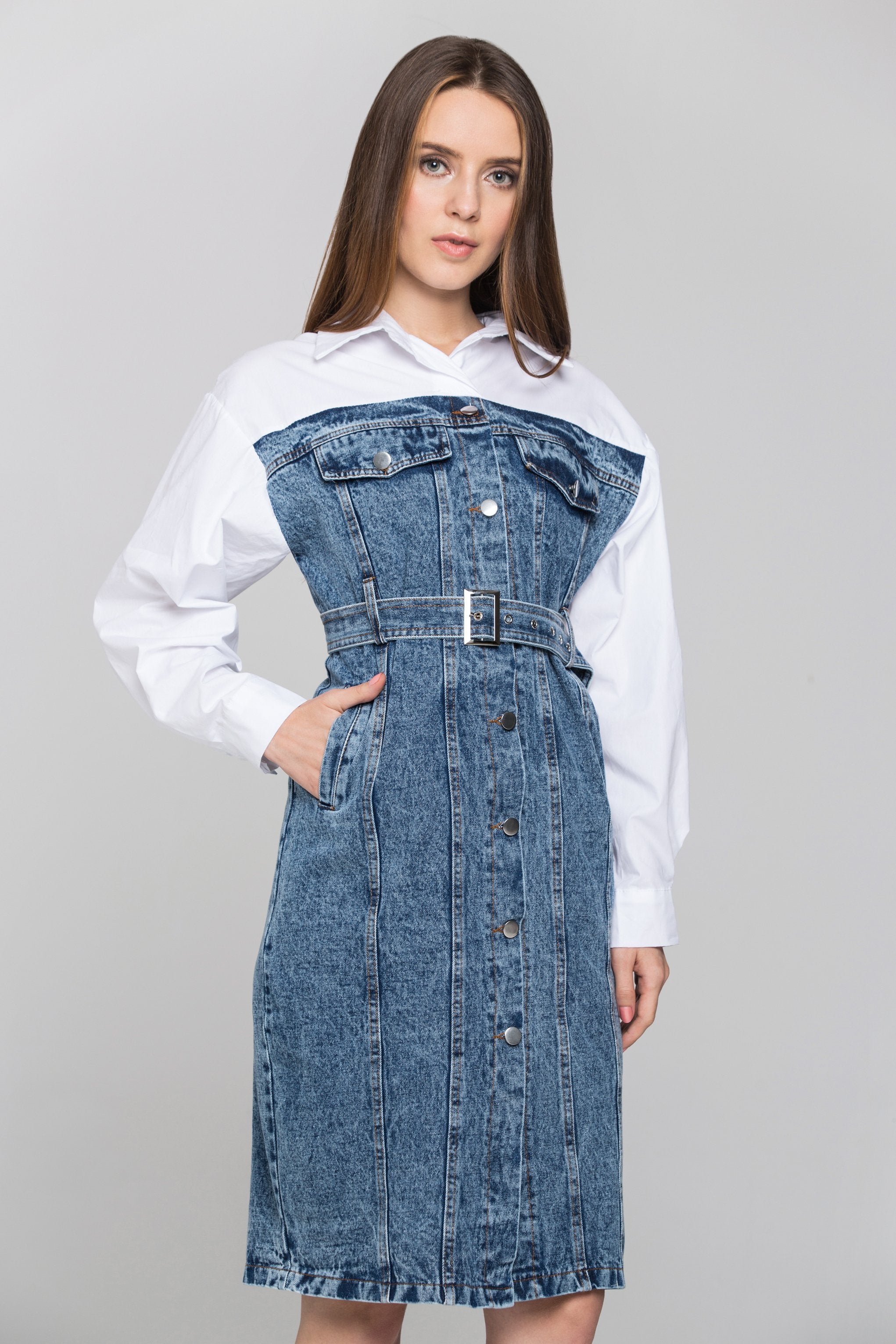 White Shirt Panel Button Up Denim Midi Dress