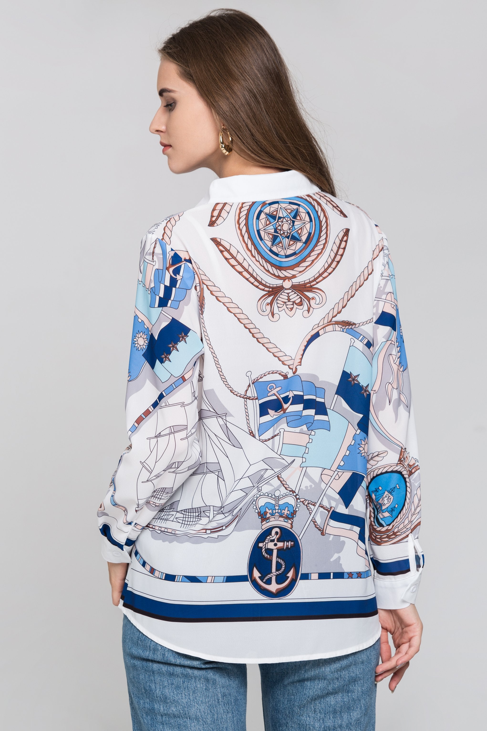 White Silk Scarf Nautical Print Top