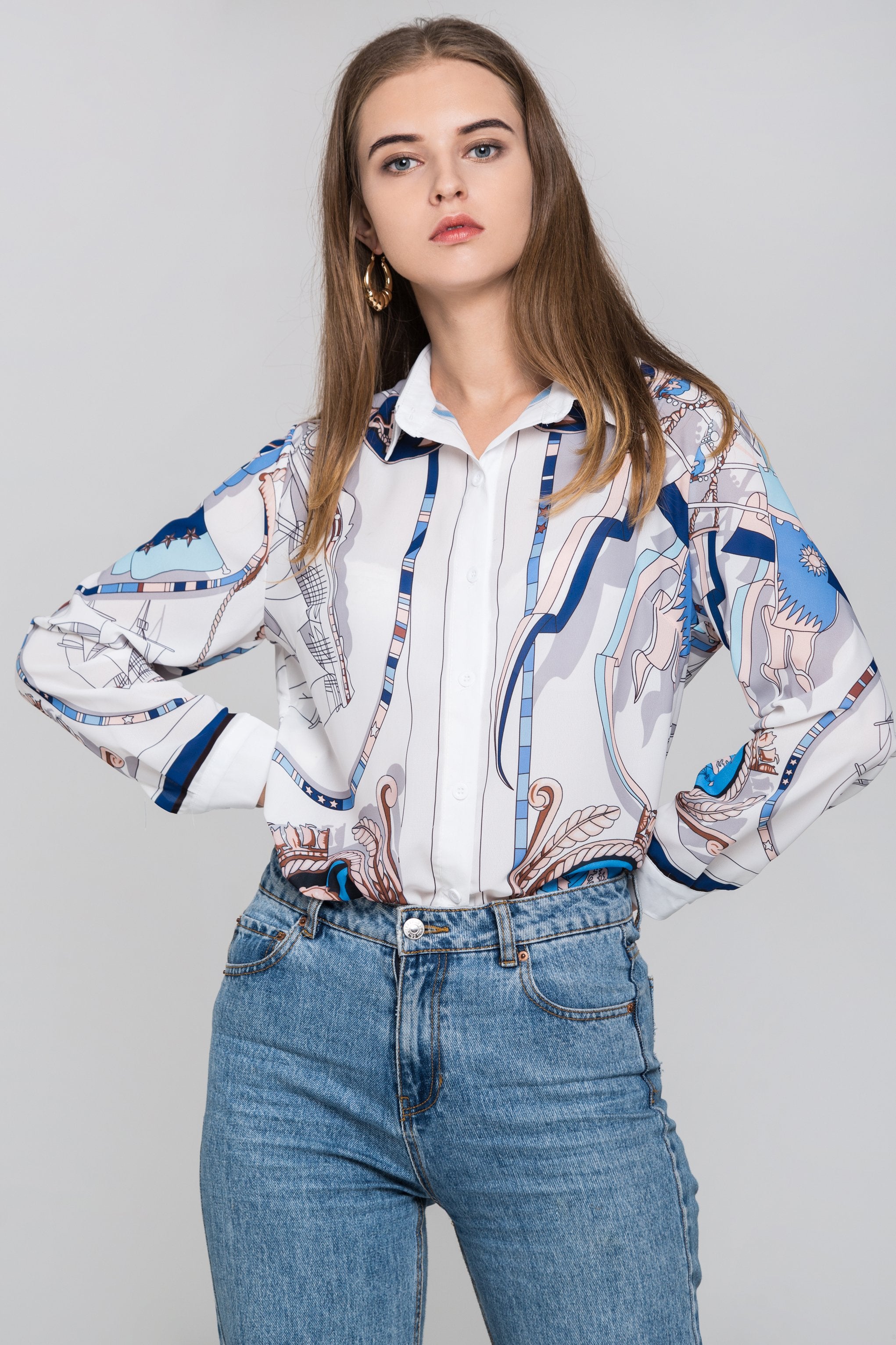 White Silk Scarf Nautical Print Top