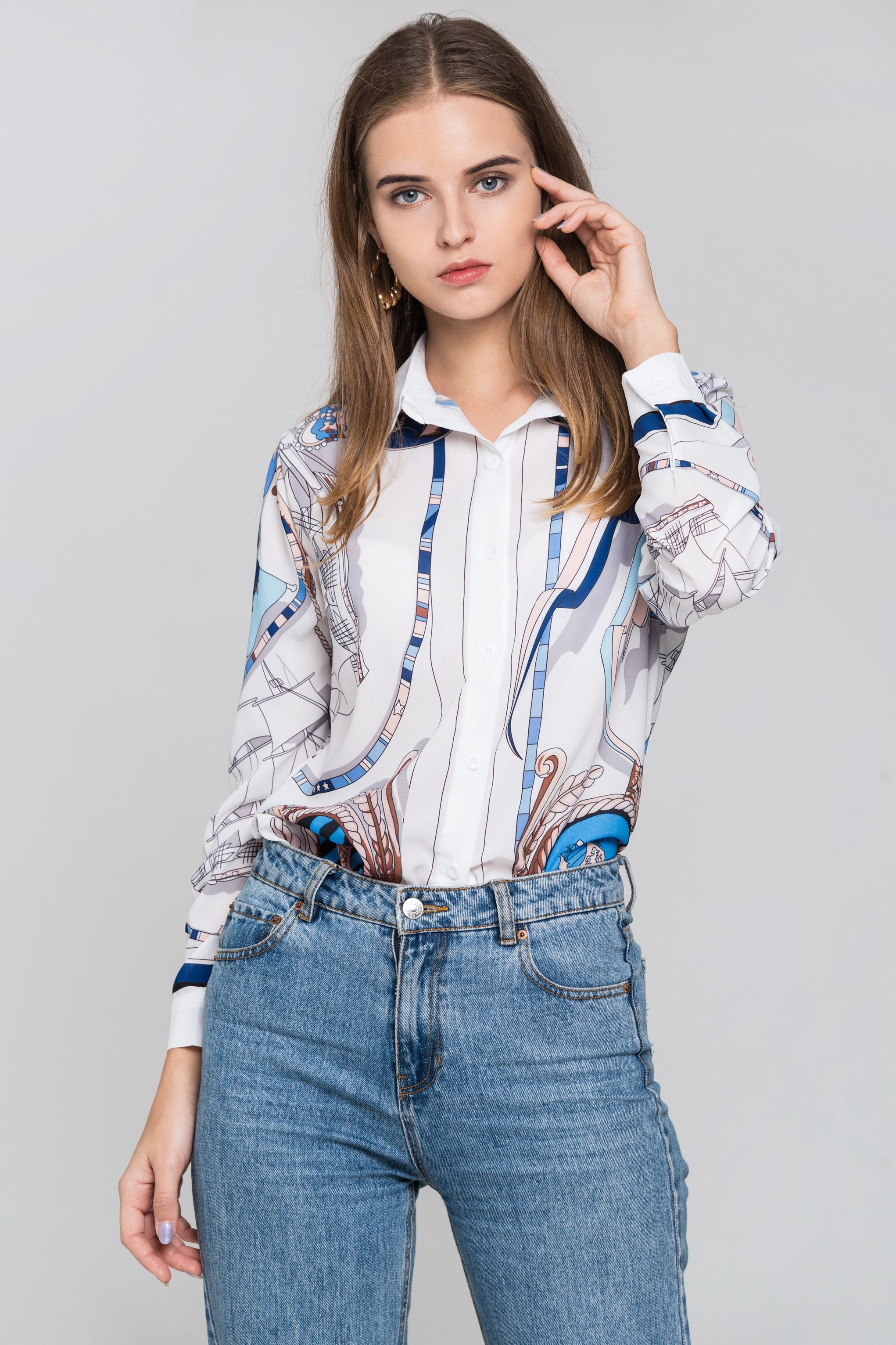 White Silk Scarf Nautical Print Top