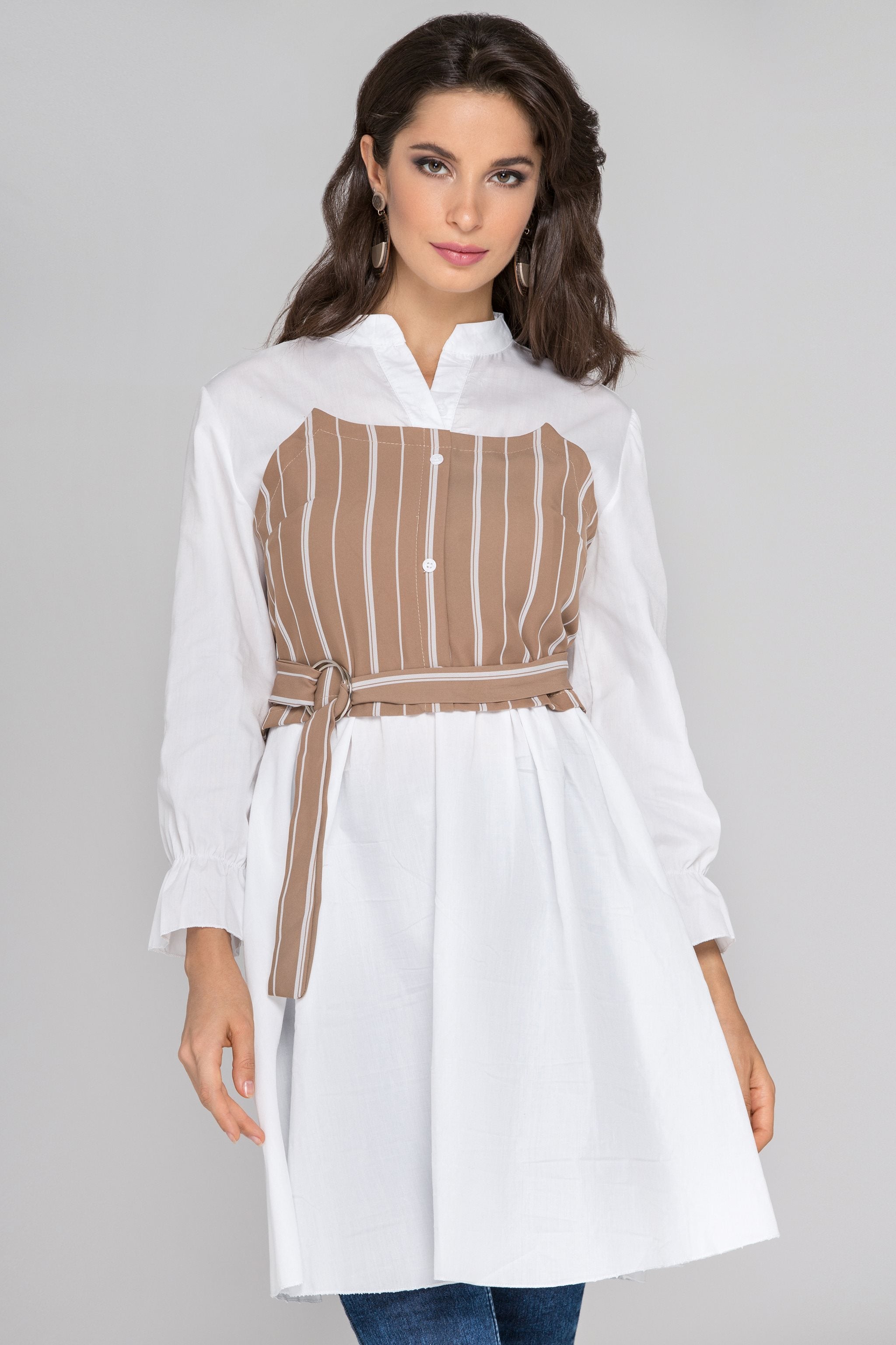 White Sleeved Mocha Pinstripe Panel Midi Dress