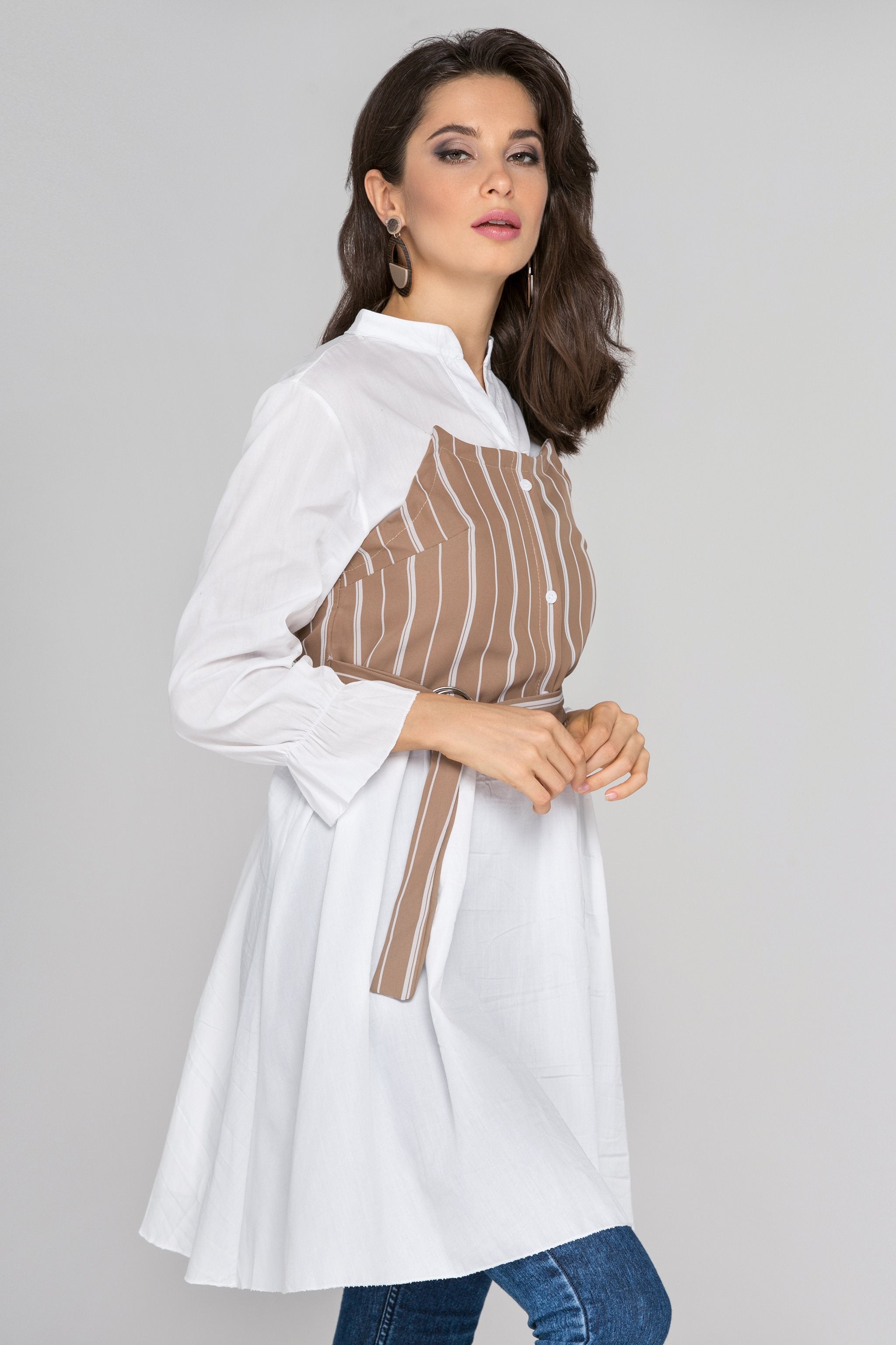 White Sleeved Mocha Pinstripe Panel Midi Dress