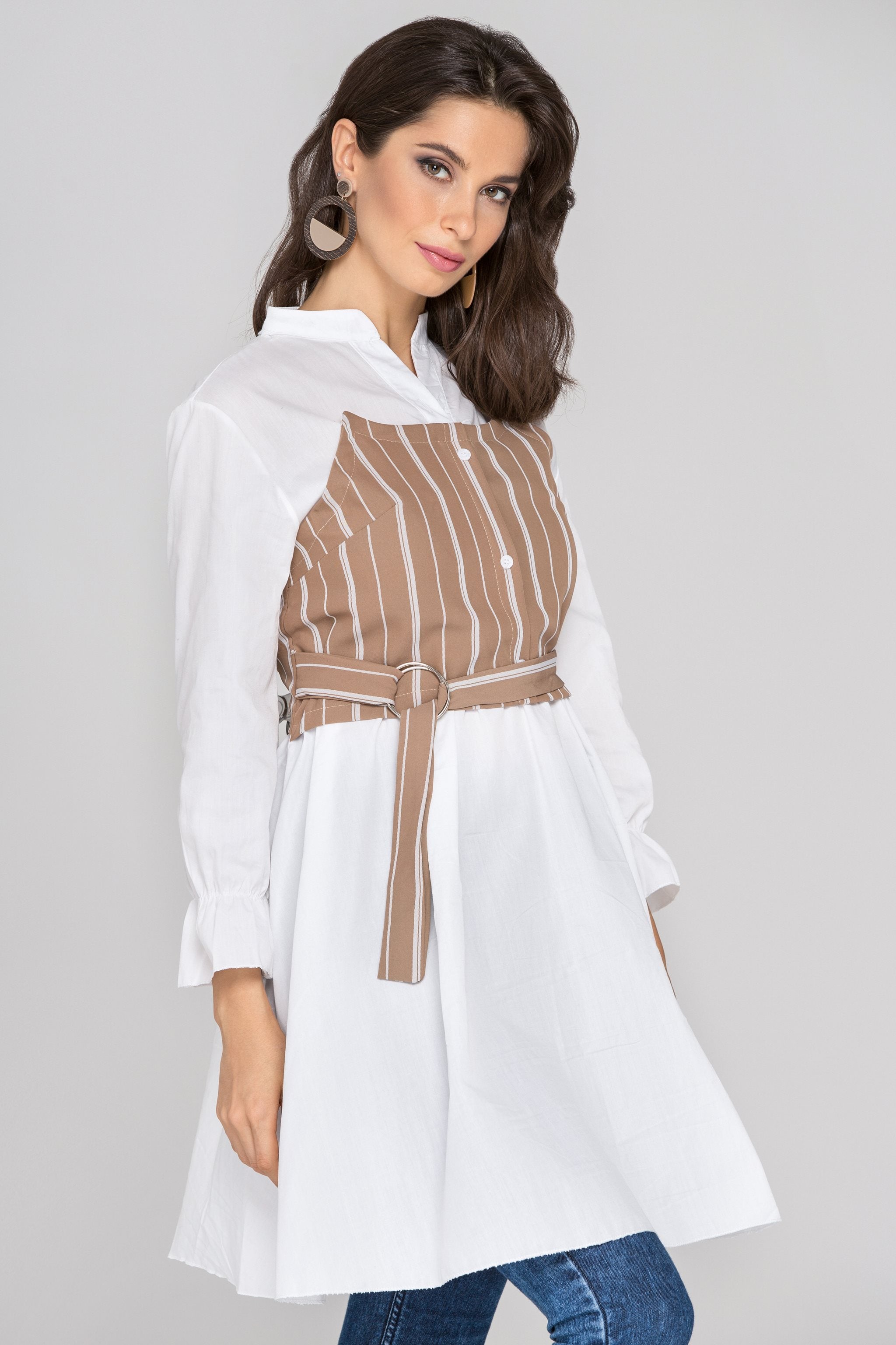 White Sleeved Mocha Pinstripe Panel Midi Dress