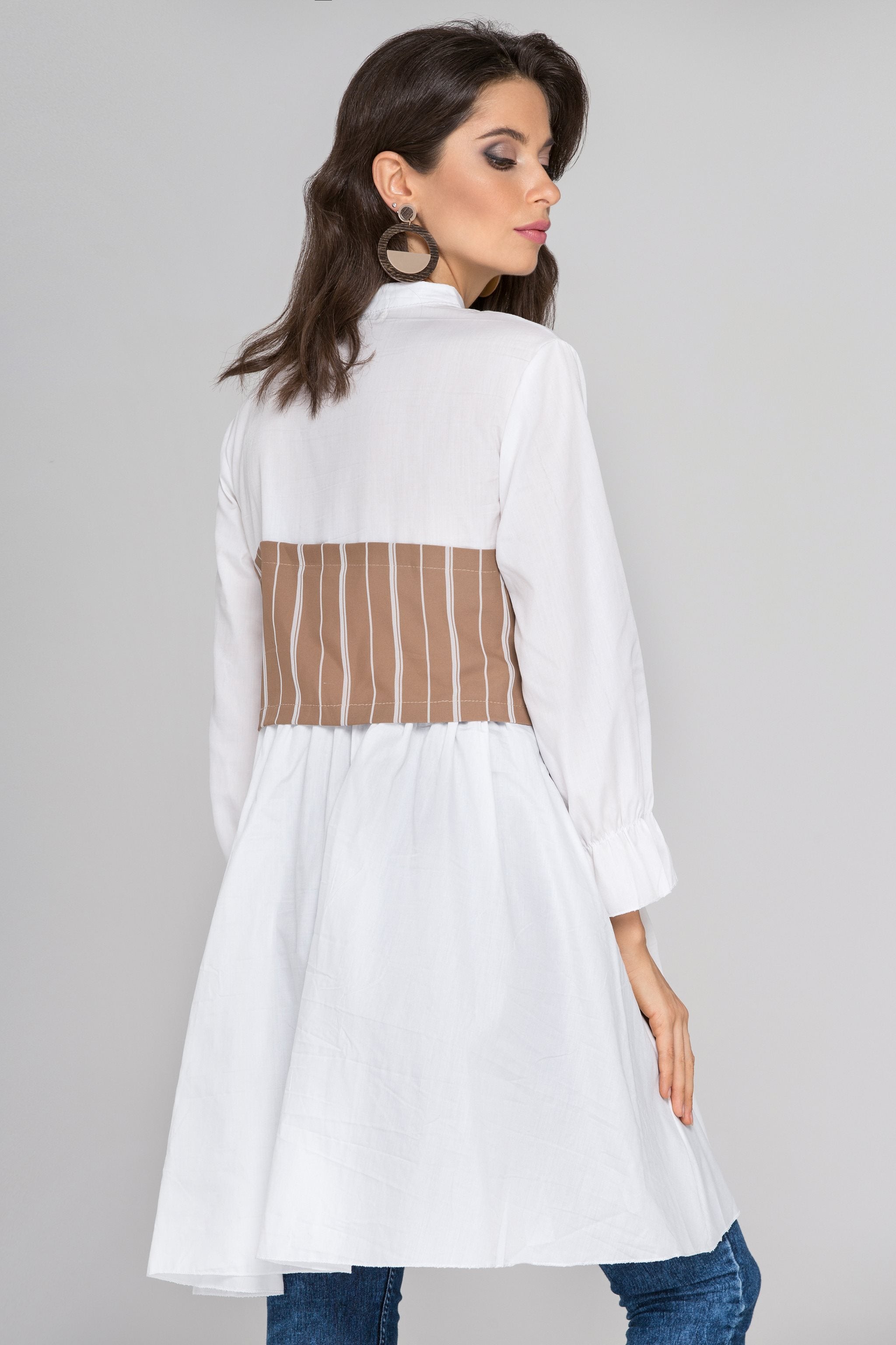 White Sleeved Mocha Pinstripe Panel Midi Dress