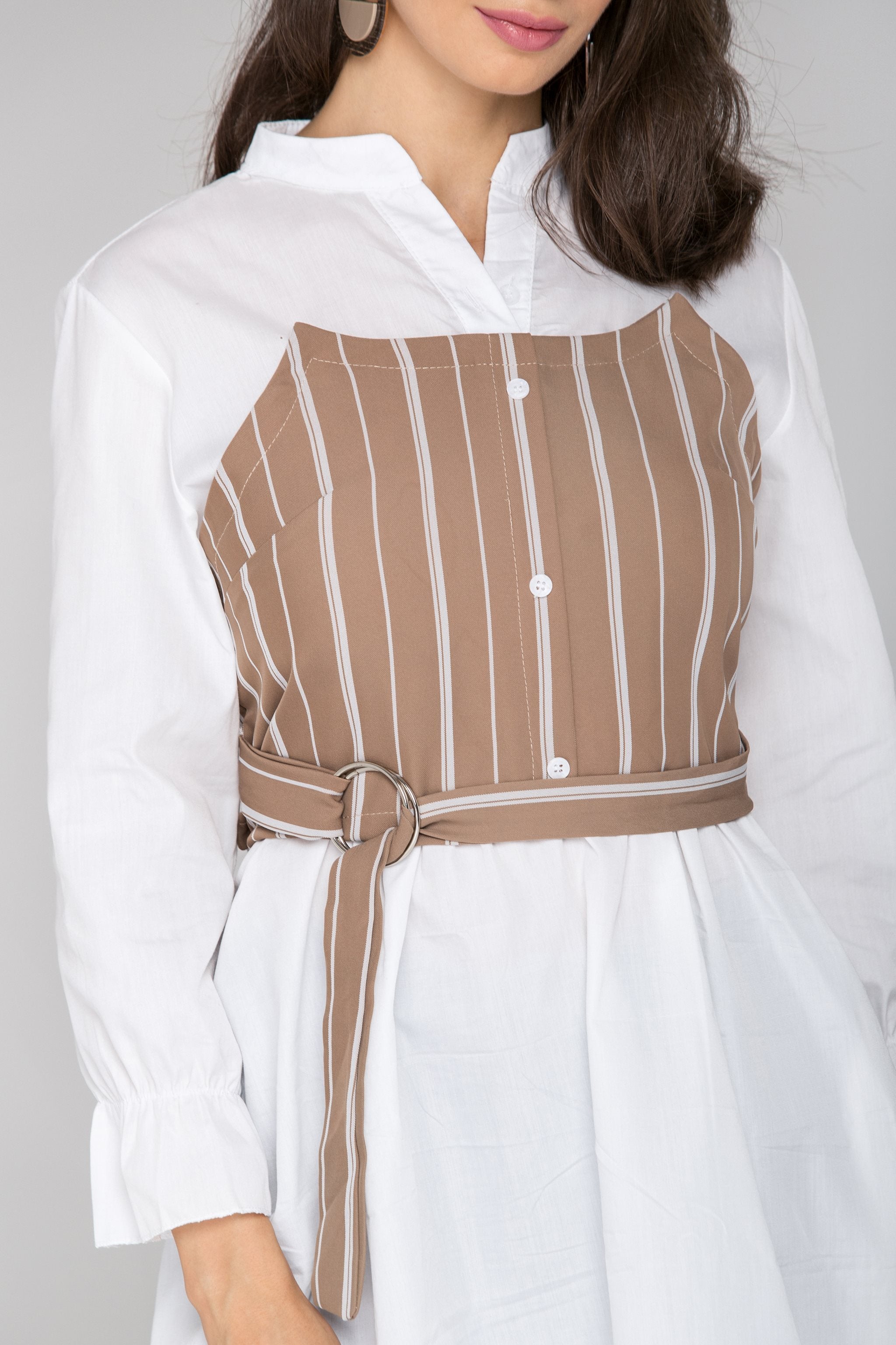 White Sleeved Mocha Pinstripe Panel Midi Dress