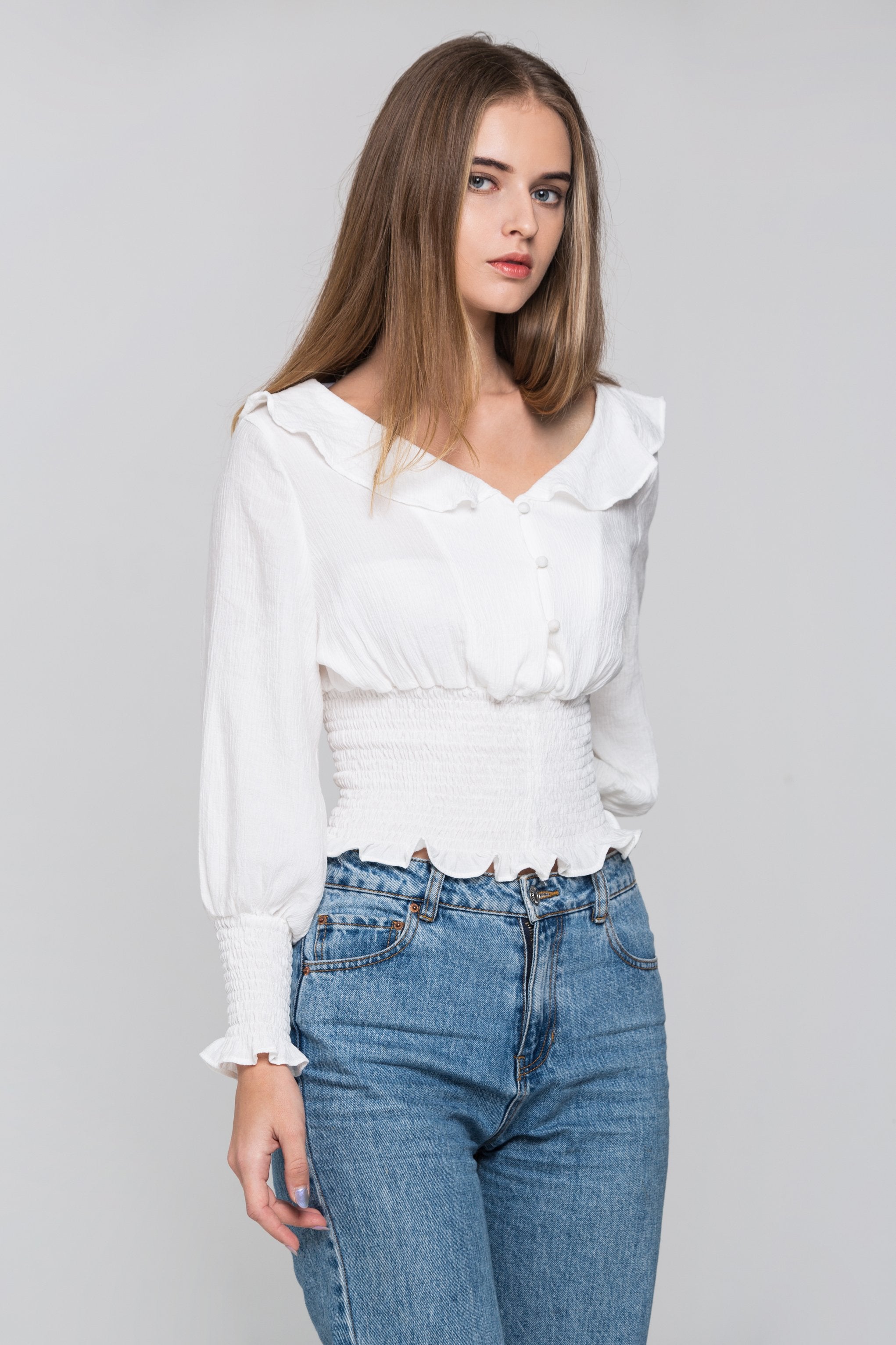 White Smocked Waist Ruffle Collar Blouson Top