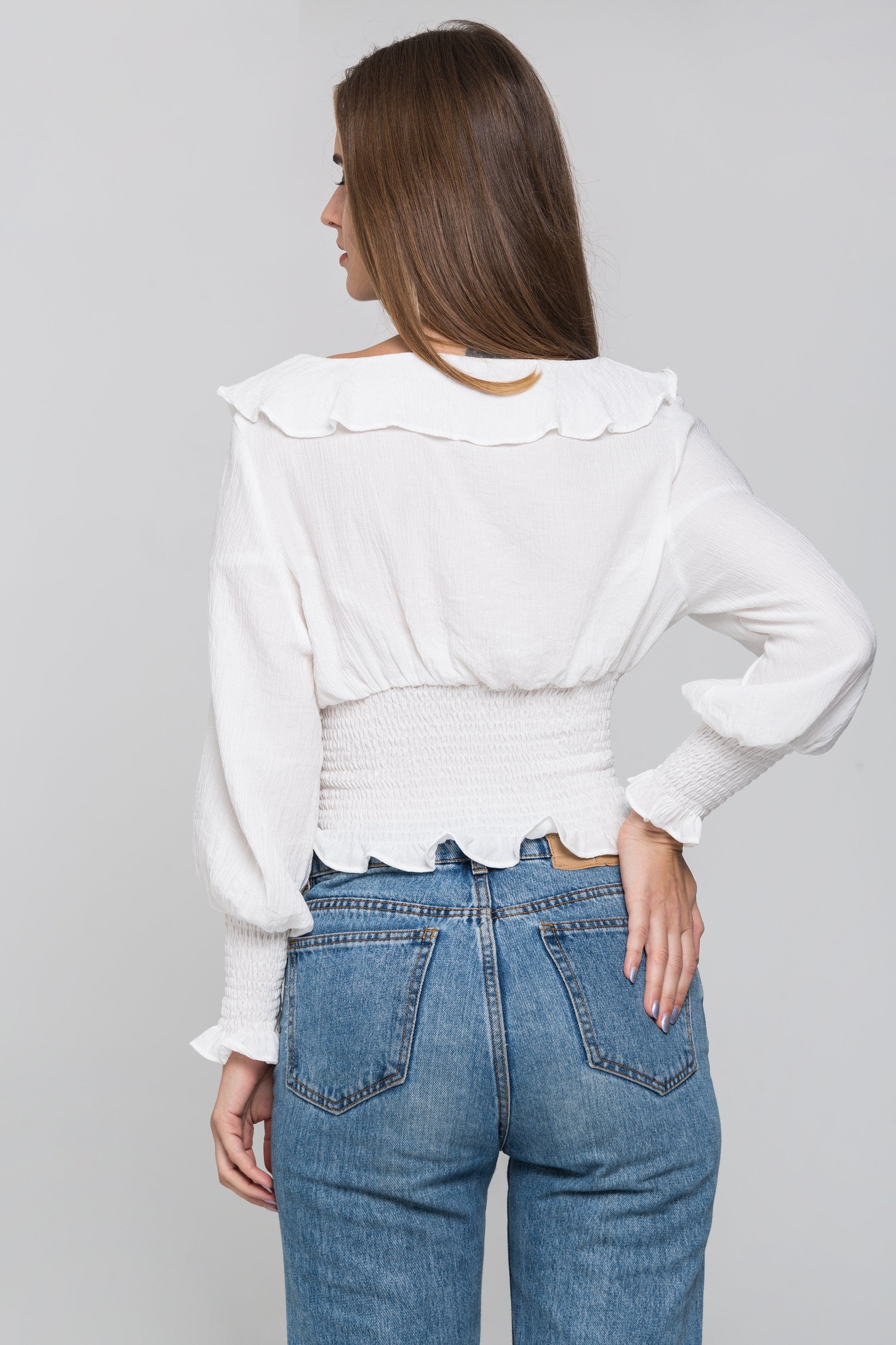 White Smocked Waist Ruffle Collar Blouson Top
