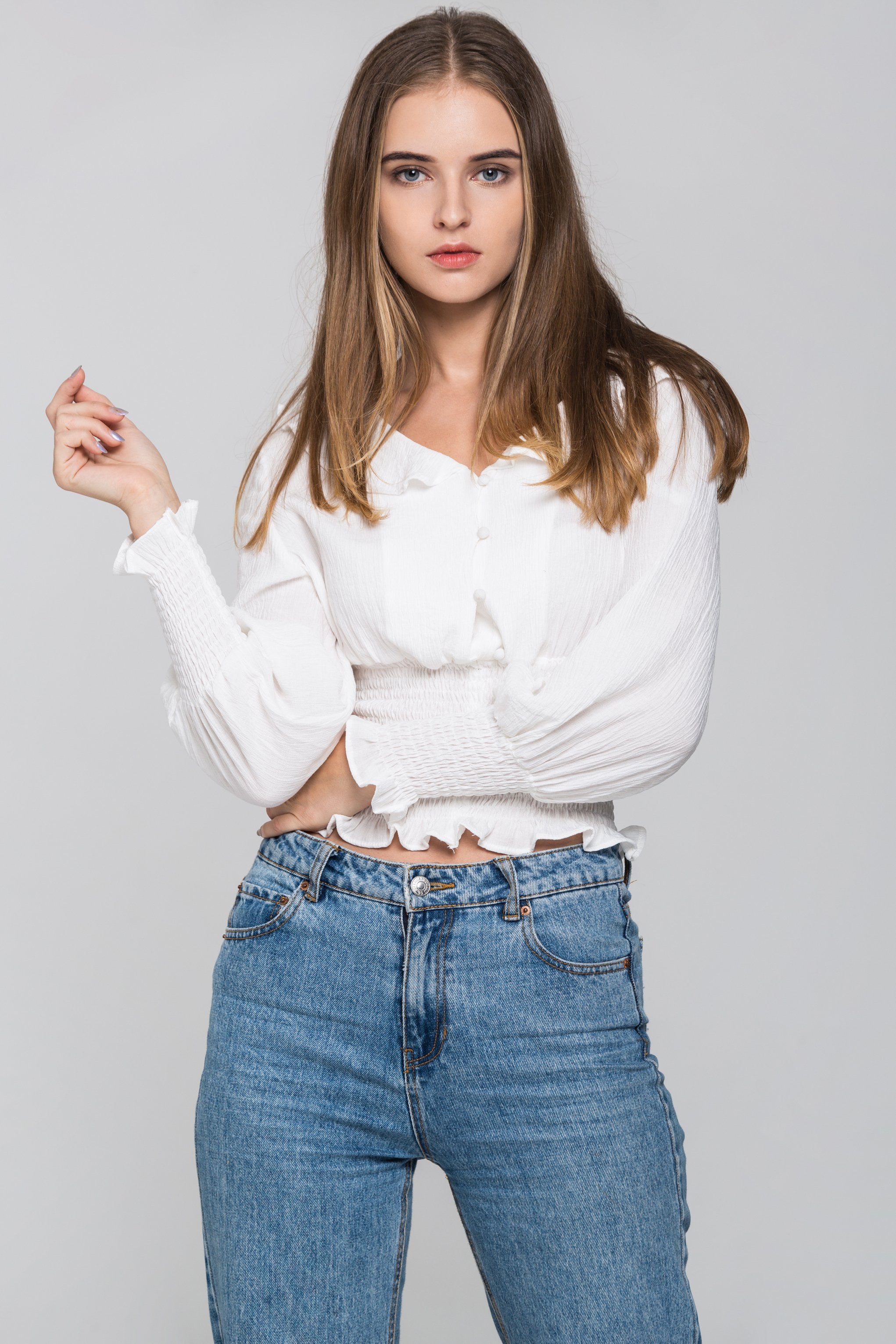 White Smocked Waist Ruffle Collar Blouson Top