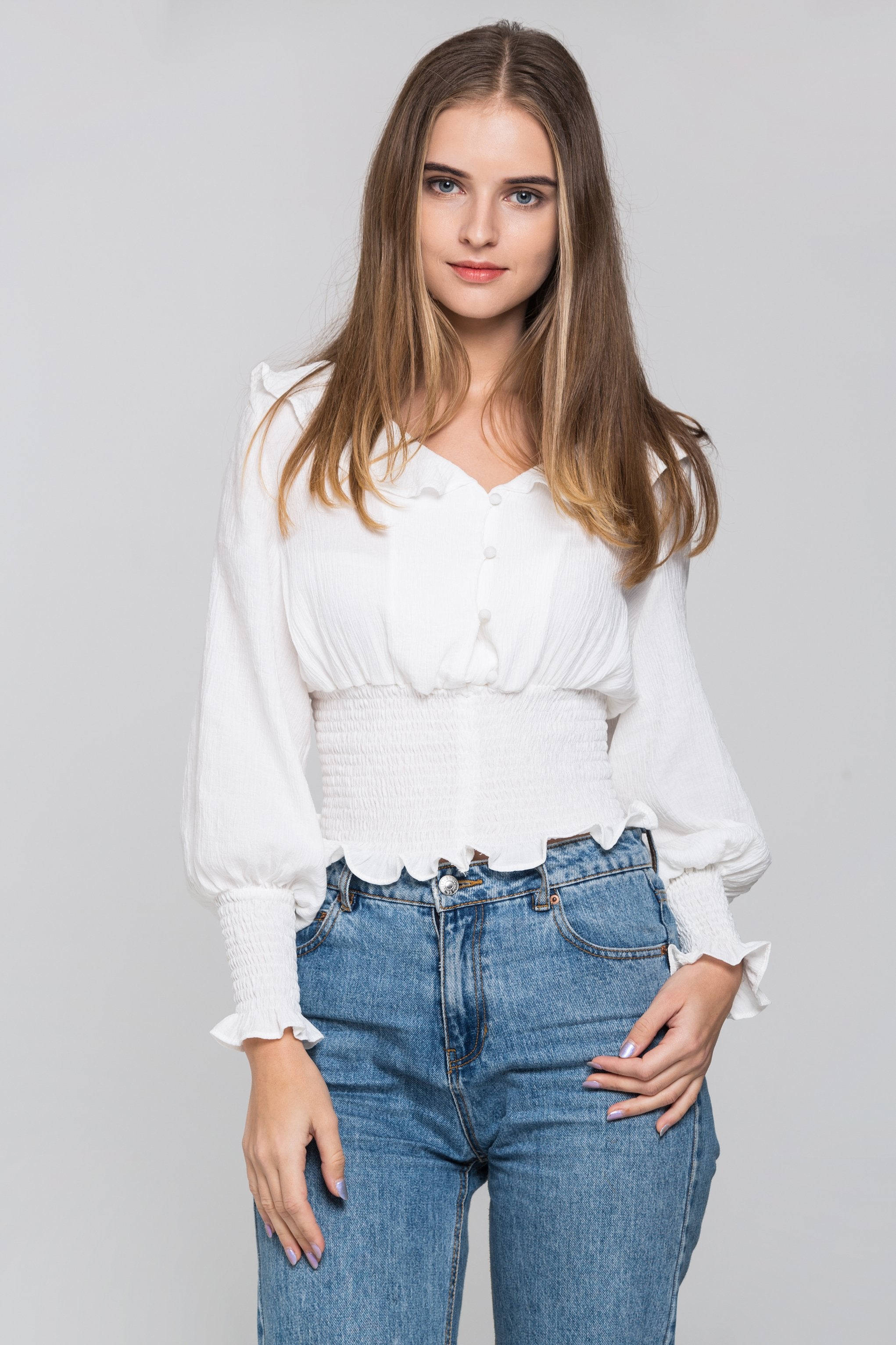 White Smocked Waist Ruffle Collar Blouson Top