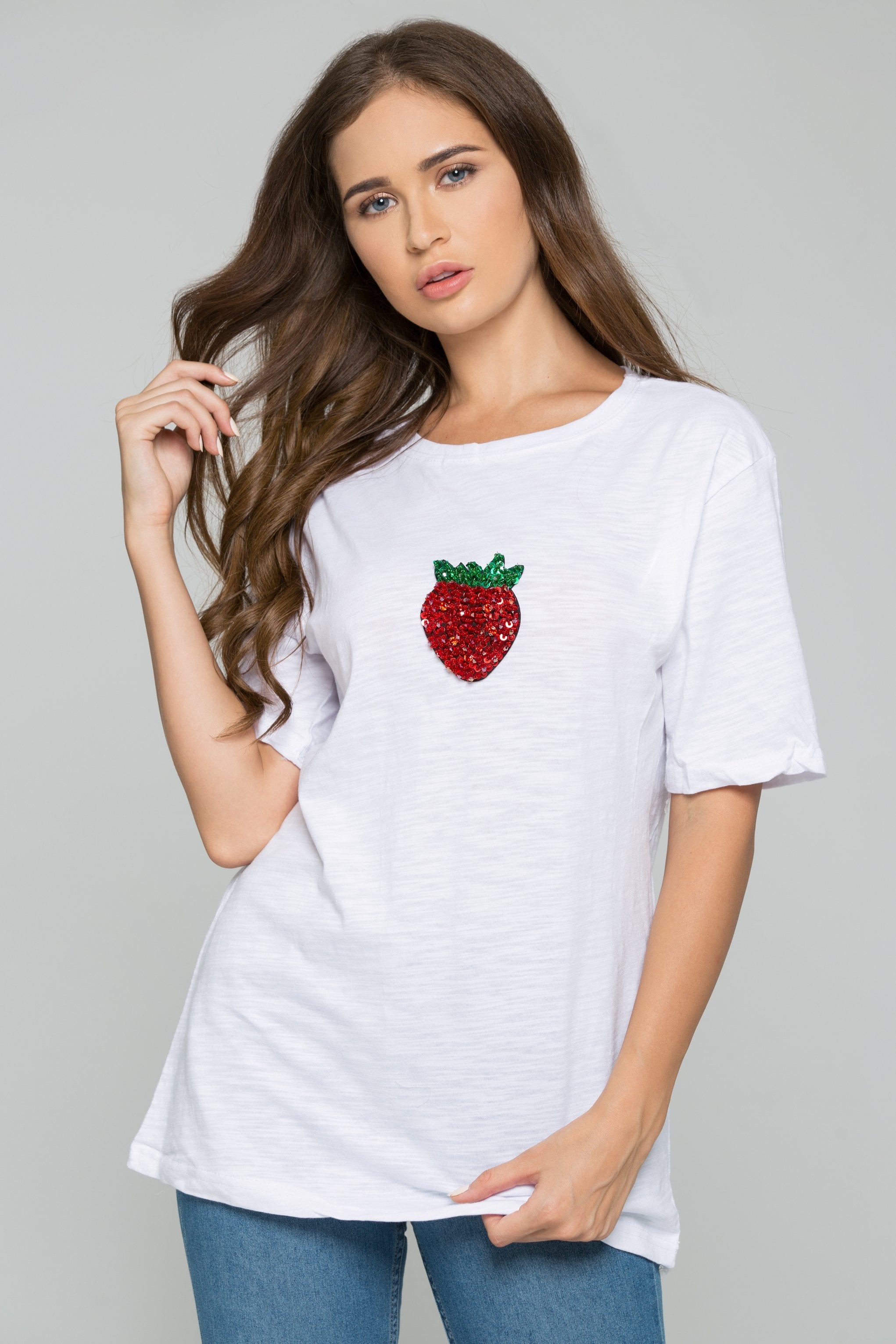 White Strawberry Sequin Short Sleeve Casual Tee