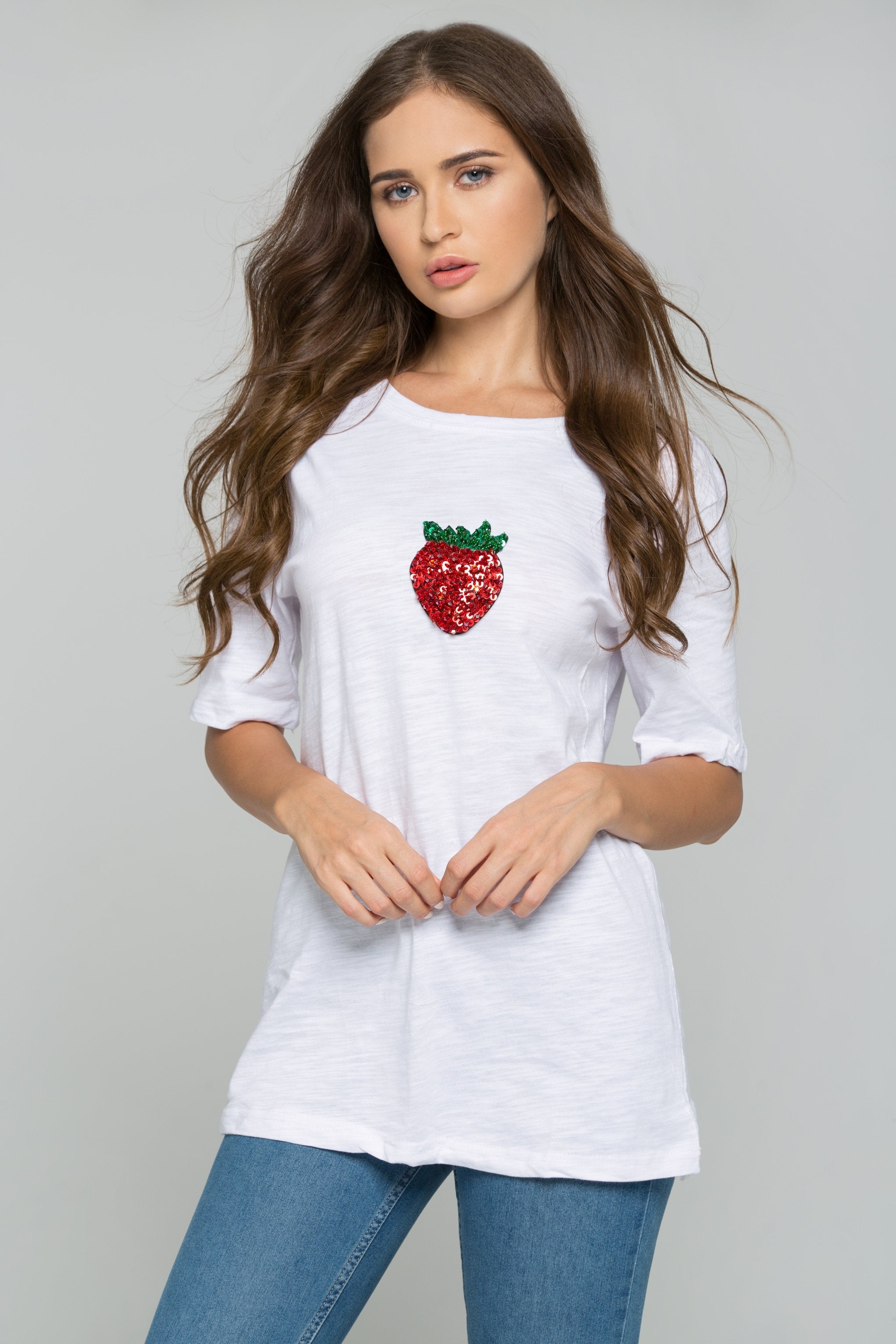 White Strawberry Sequin Short Sleeve Casual Tee