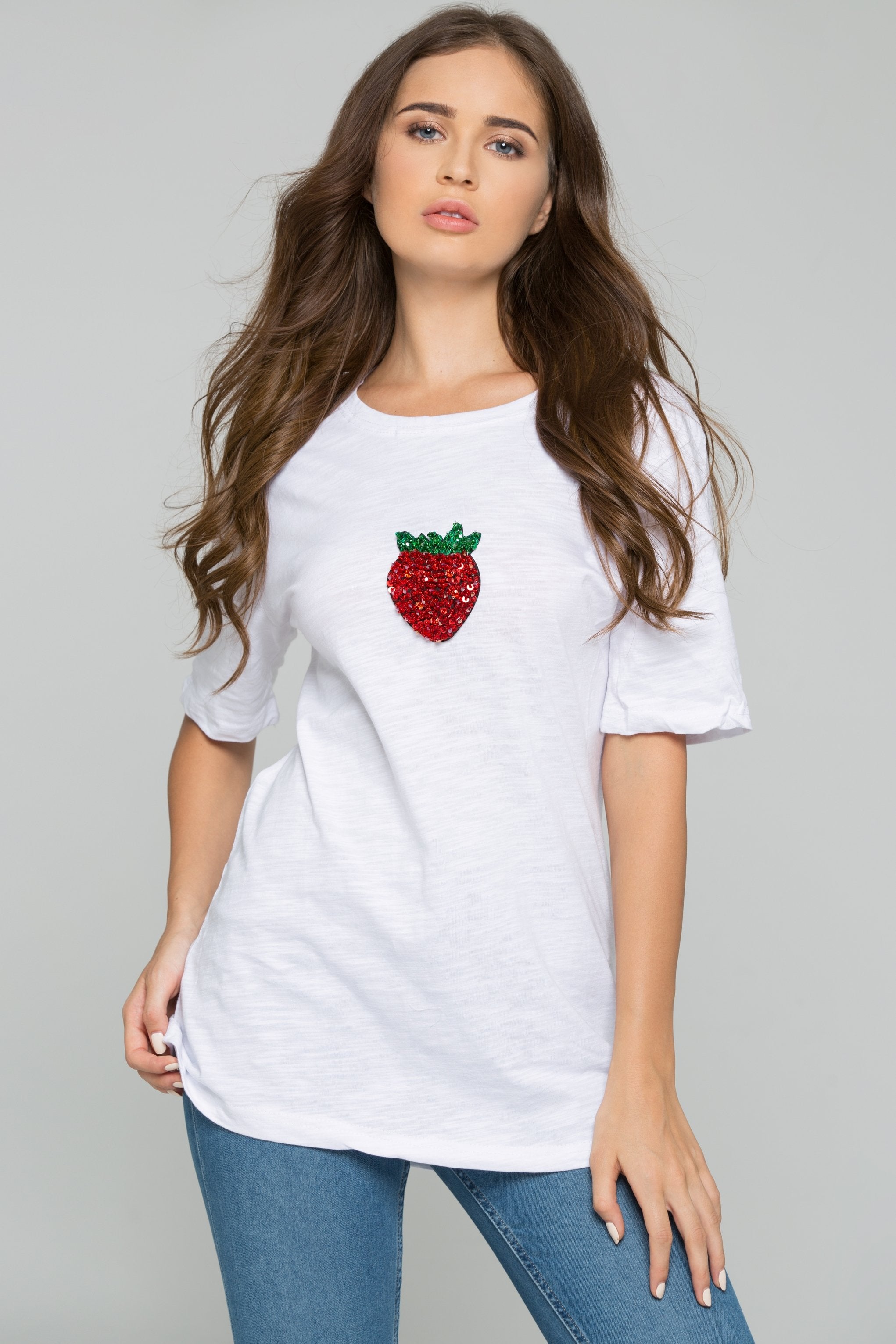 White Strawberry Sequin Short Sleeve Casual Tee