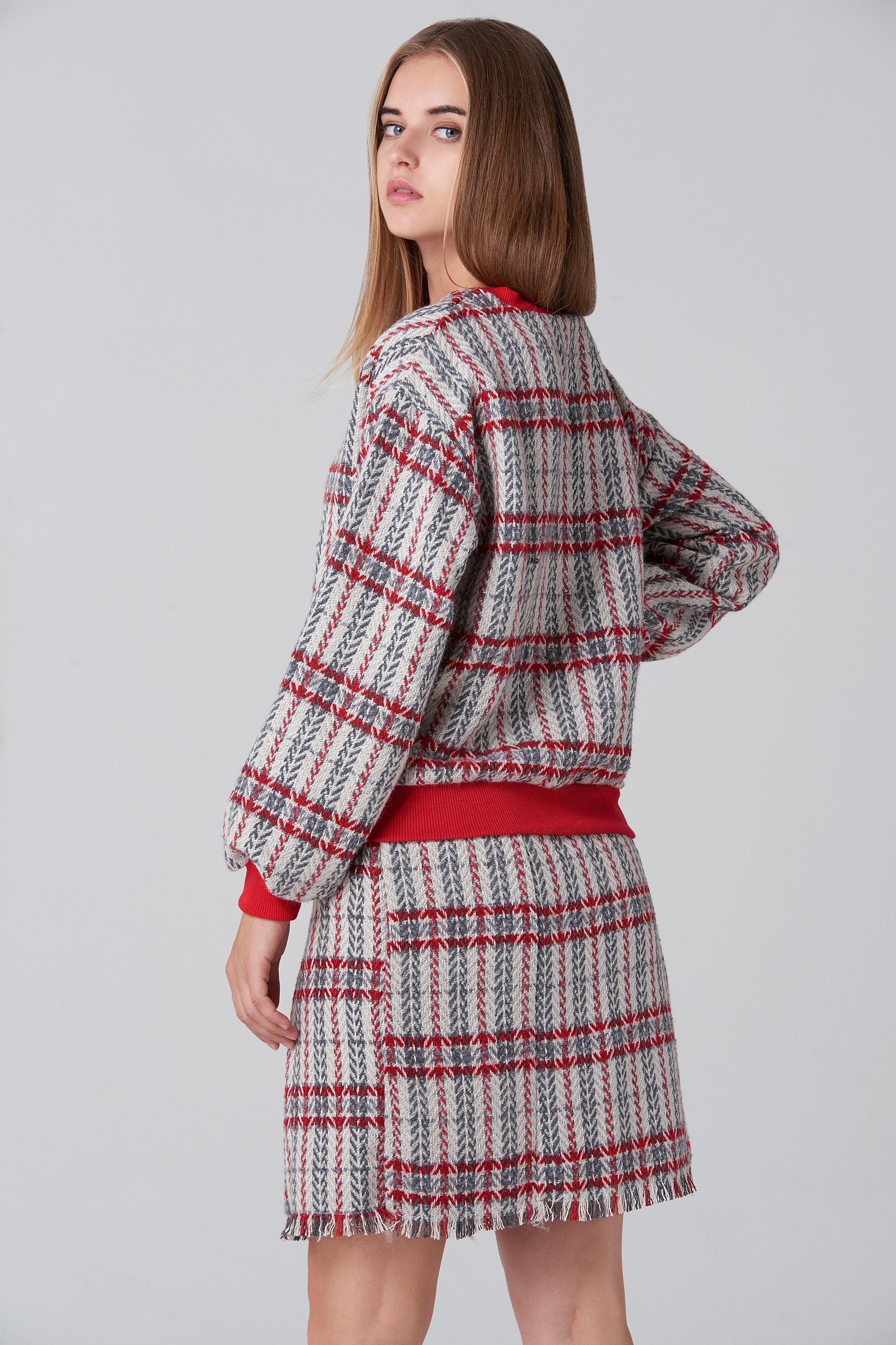 White Tartan Sweater and Skirt Set
