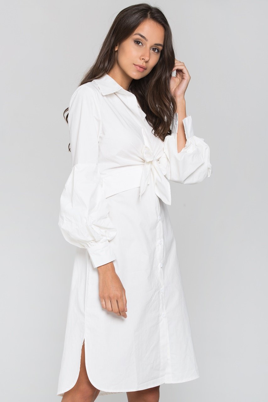 White Tie Front Shirt Midi Dress