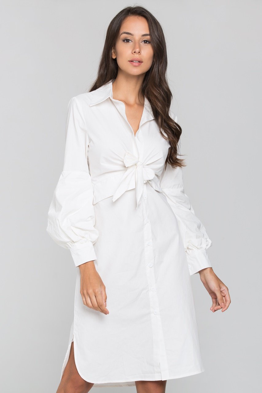 White Tie Front Shirt Midi Dress