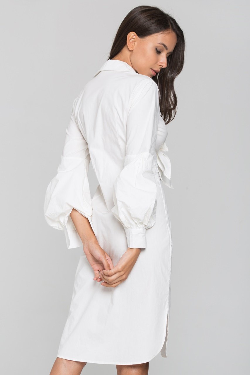 White Tie Front Shirt Midi Dress