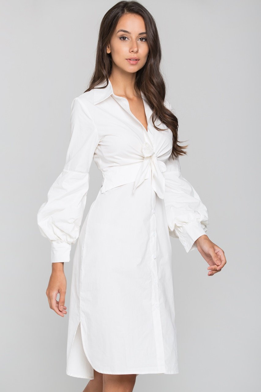White Tie Front Shirt Midi Dress