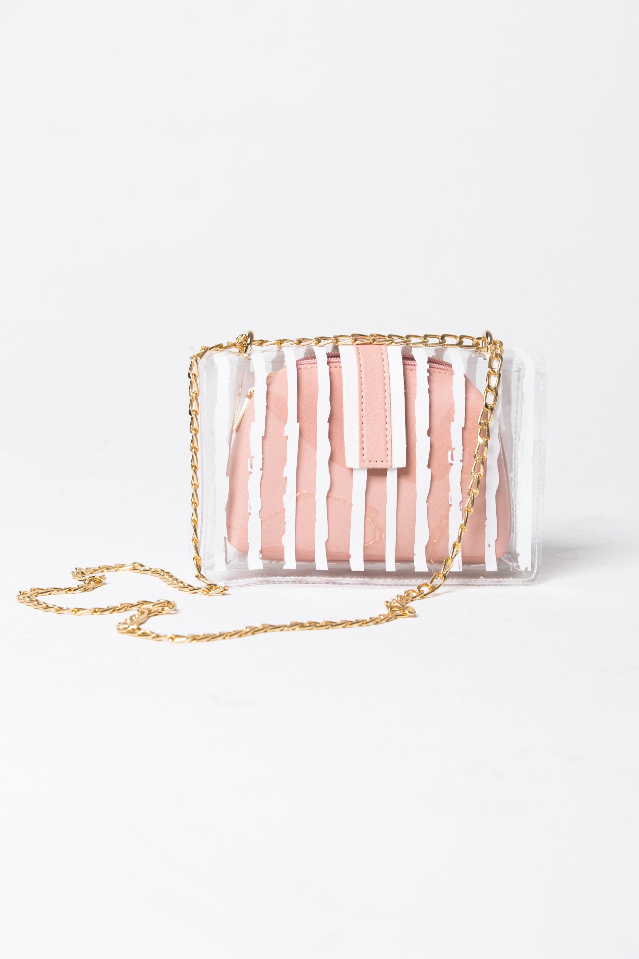 White Transparent Plastic Stripe Print Baguette Shoulder Bag
