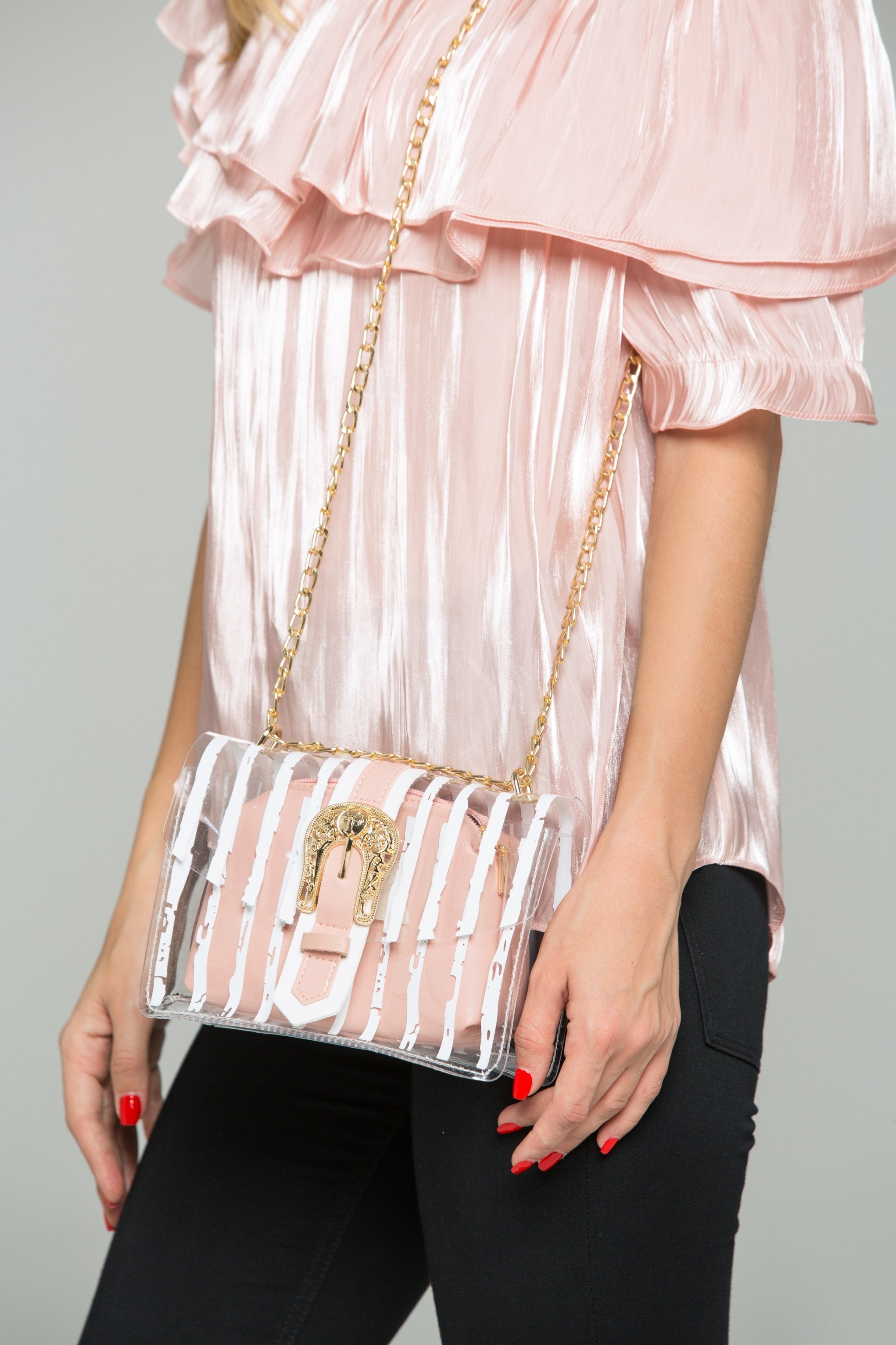 White Transparent Plastic Stripe Print Baguette Shoulder Bag