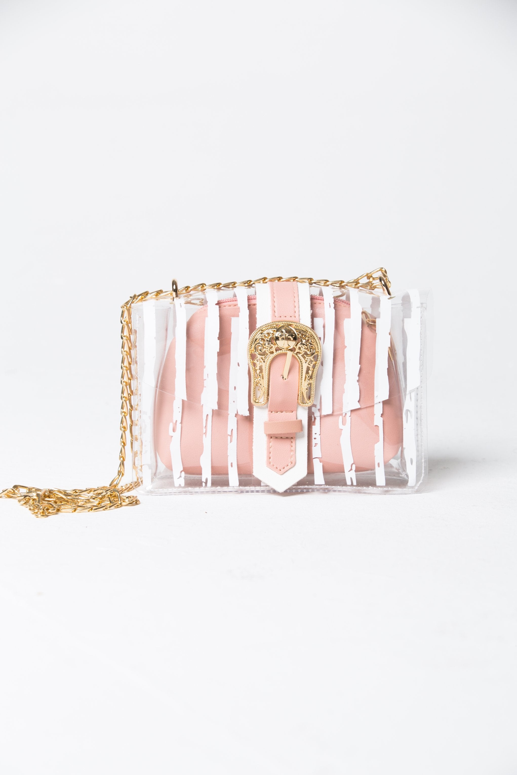 White Transparent Plastic Stripe Print Baguette Shoulder Bag