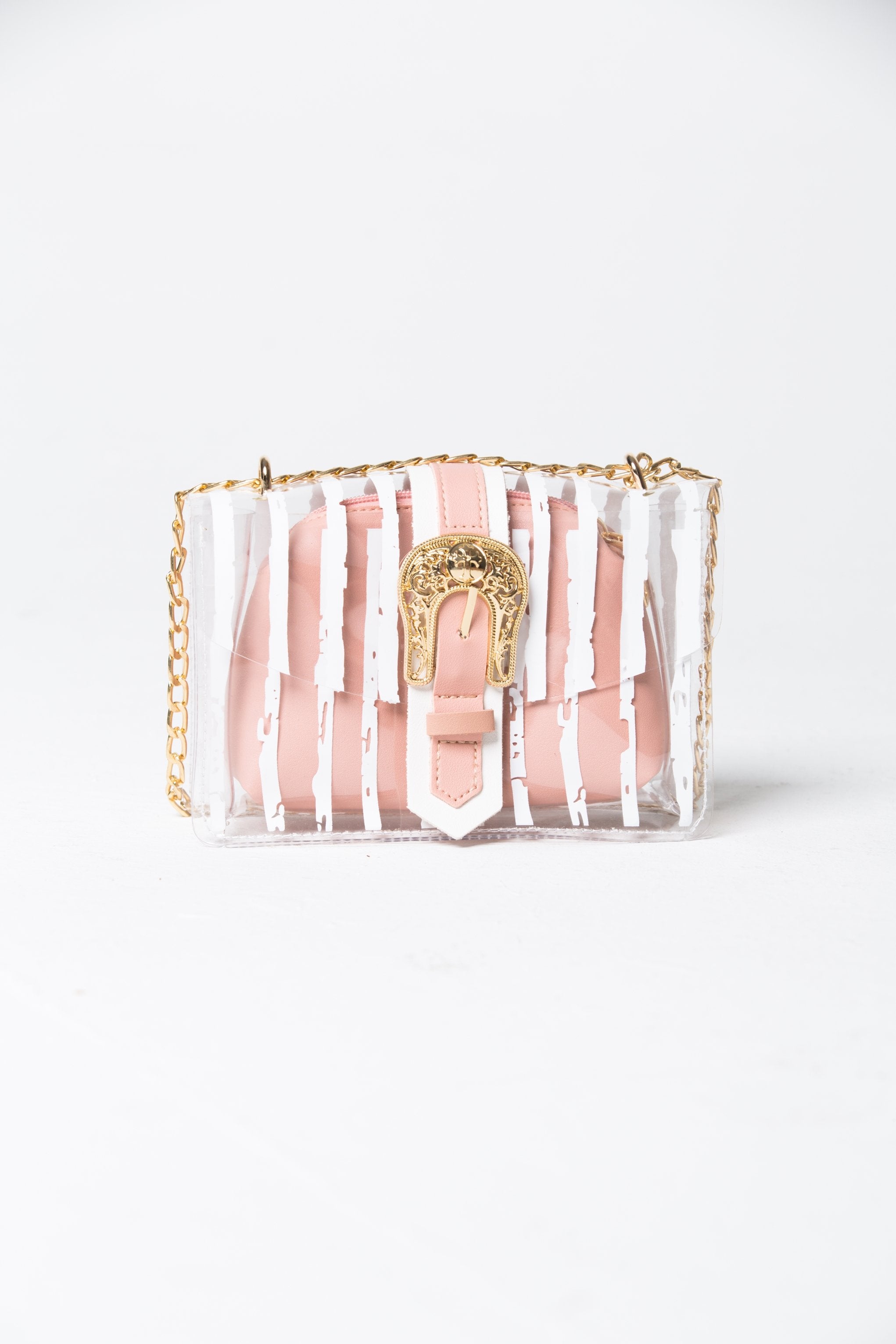 White Transparent Plastic Stripe Print Baguette Shoulder Bag