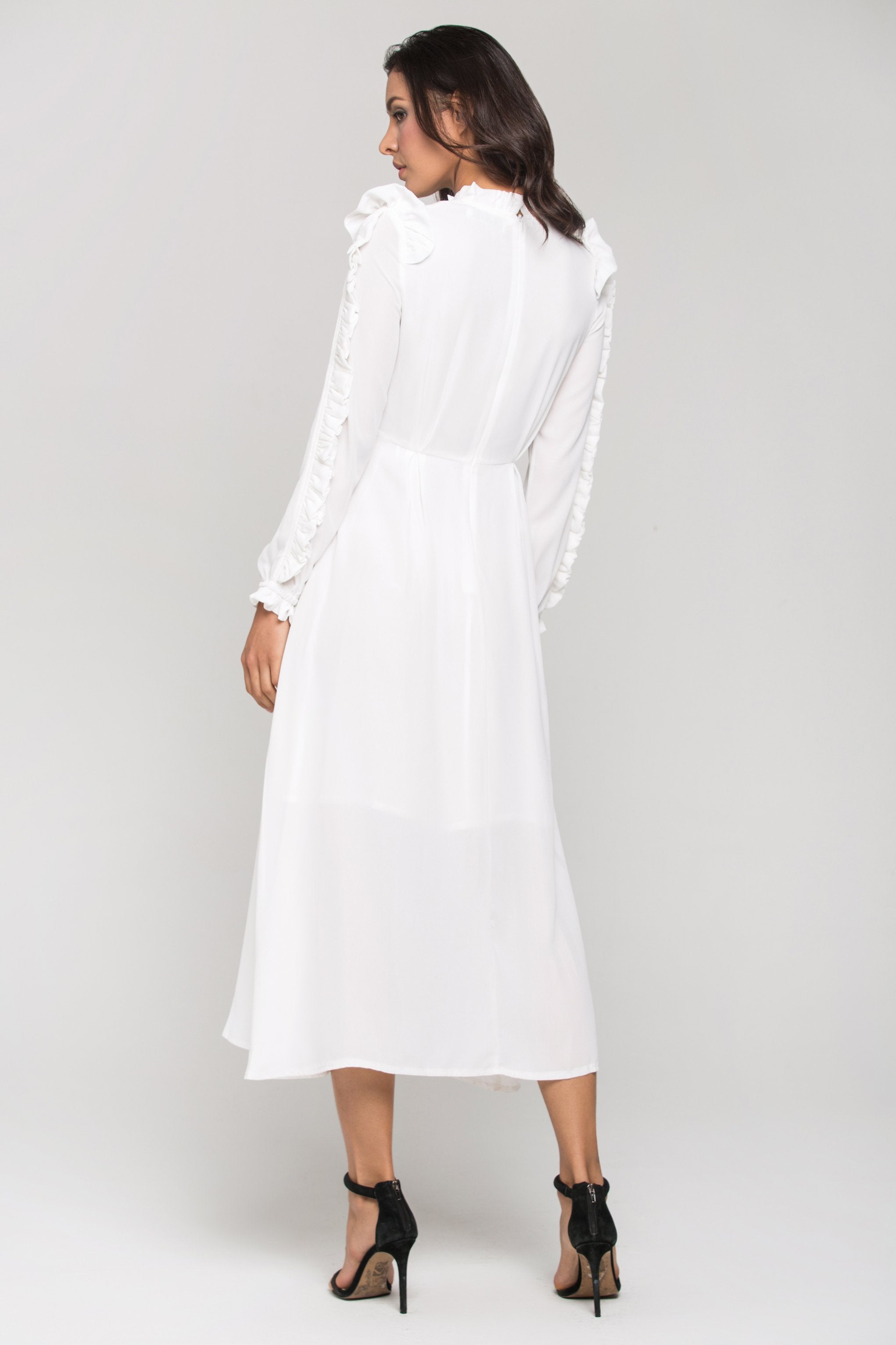 White vintage Ruffle neck Long Sleeves Midi Dress