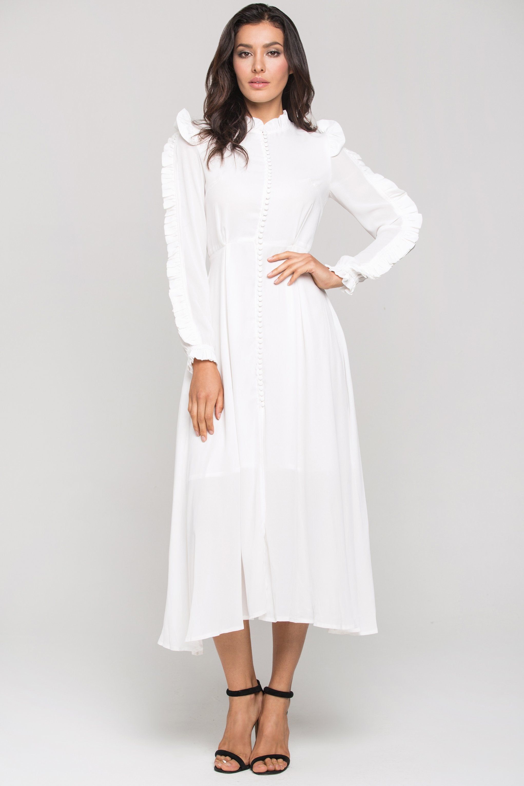 White vintage Ruffle neck Long Sleeves Midi Dress