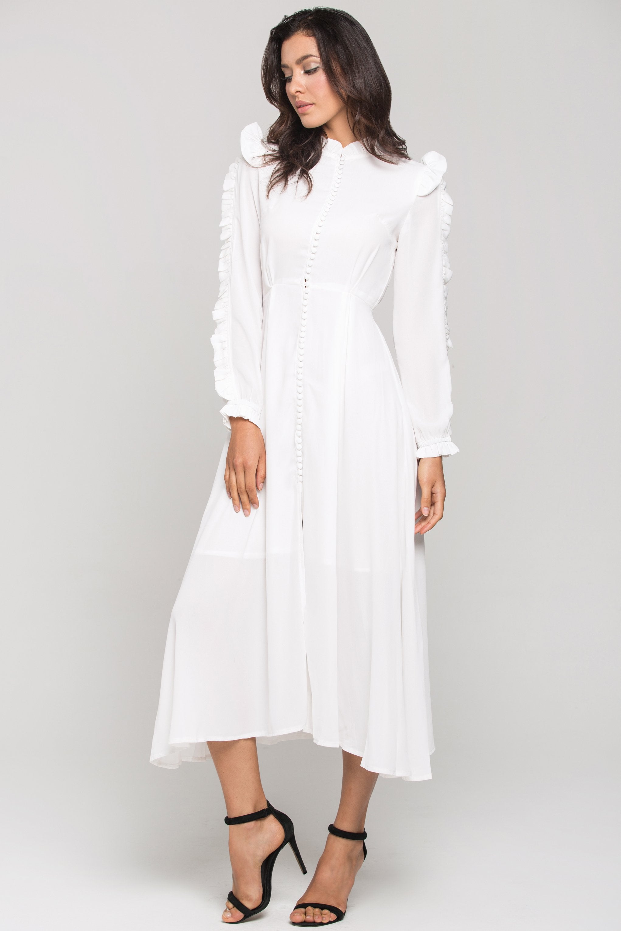 White vintage Ruffle neck Long Sleeves Midi Dress
